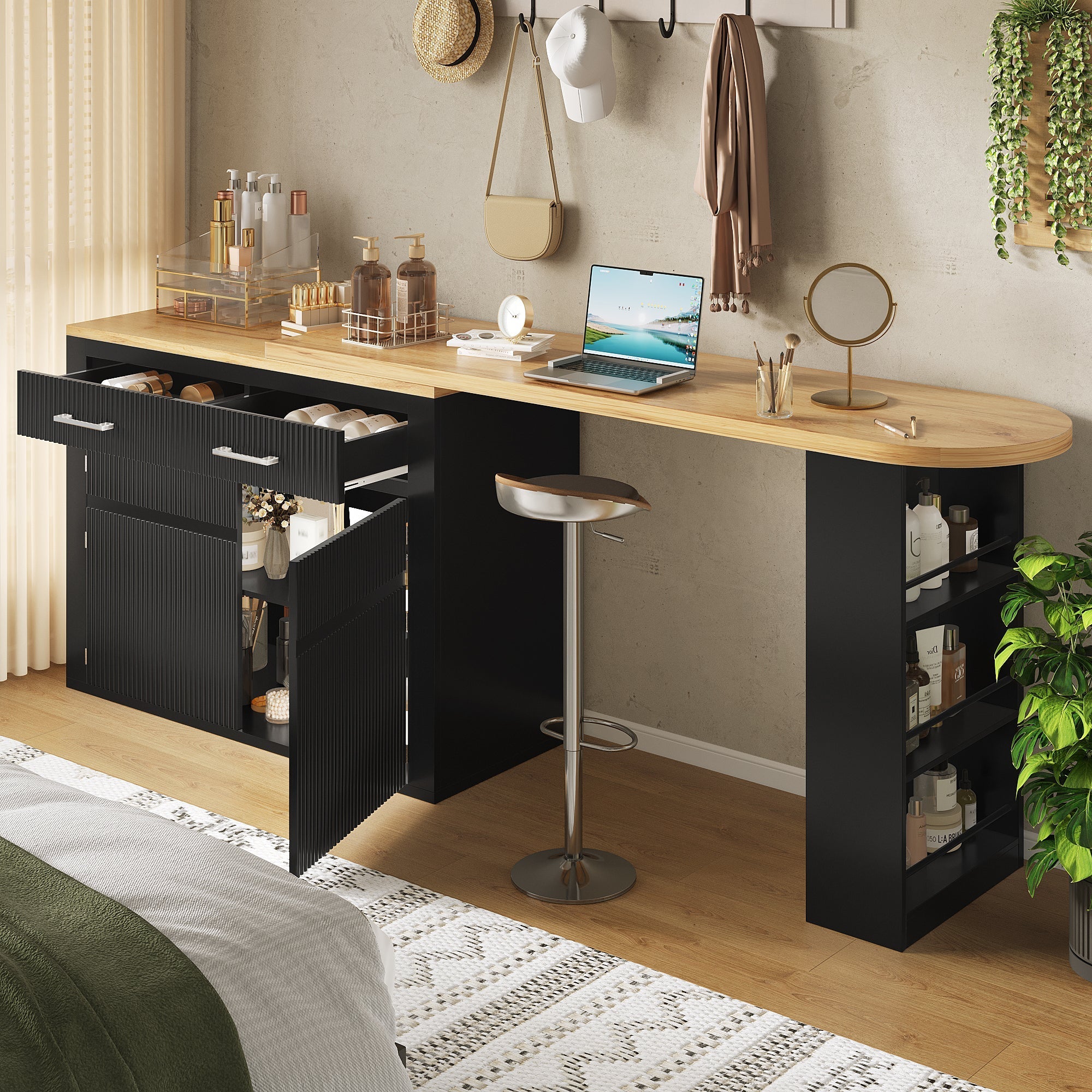 Extendable Bar Table Telescopic Storage Drawer Shelves - Black