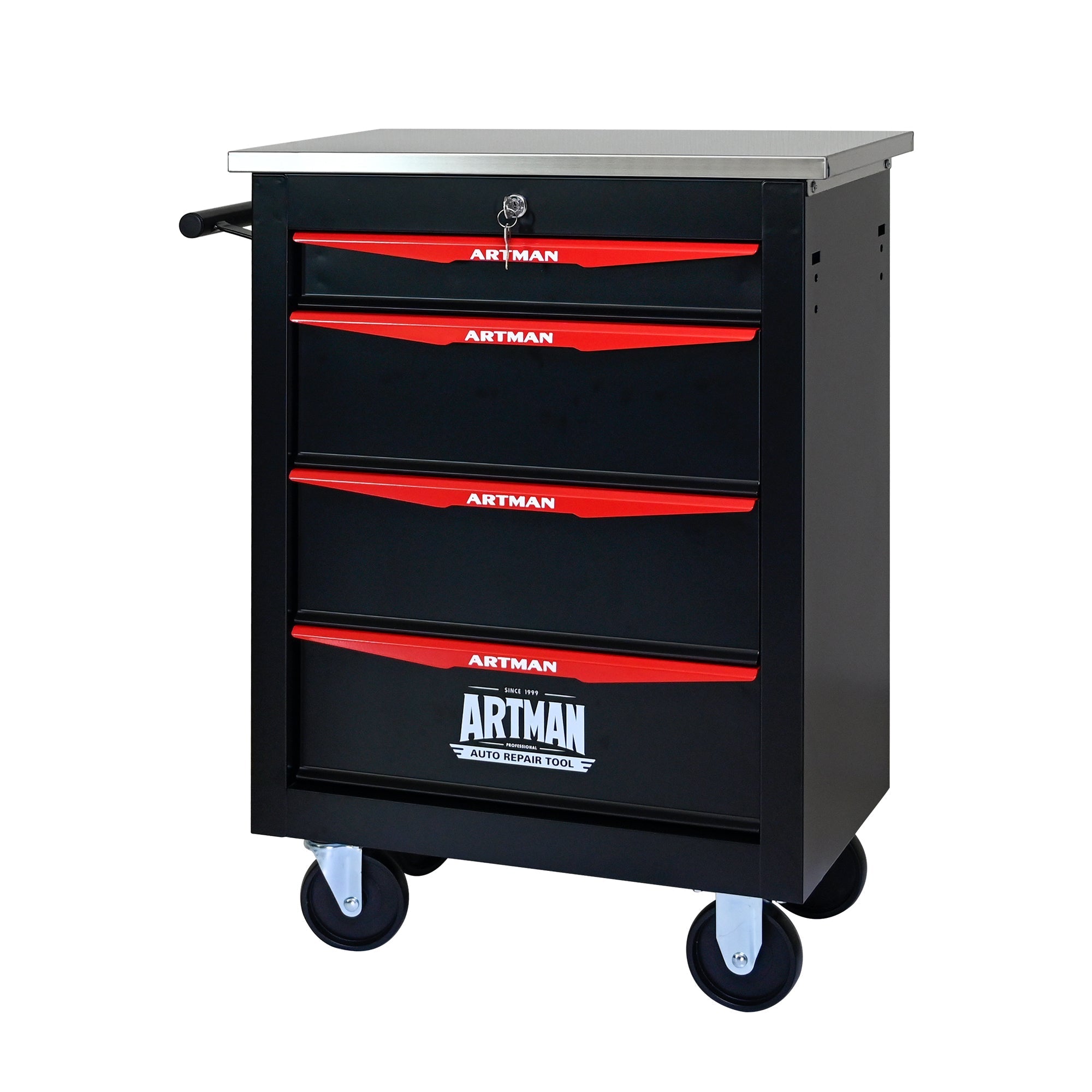 Tool Trolley 4-Drawer Metal Rolling Storage with Stainless Steel Roof Black & Red