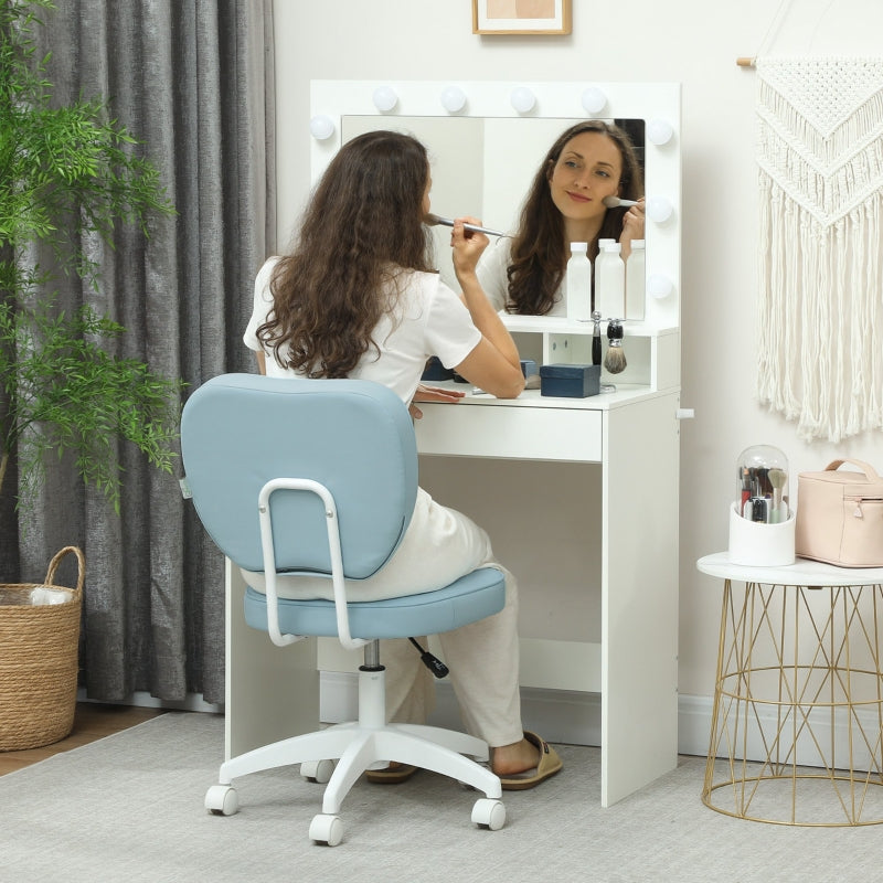 Vanity Office Chair, Adjustable Height Armless Swivel Computer Chair, PU Leather Blue