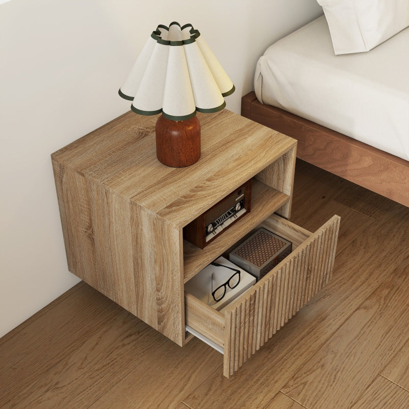 Nightstand Handleless Wall-Mounted Drawer & Open Compartment Light Brown