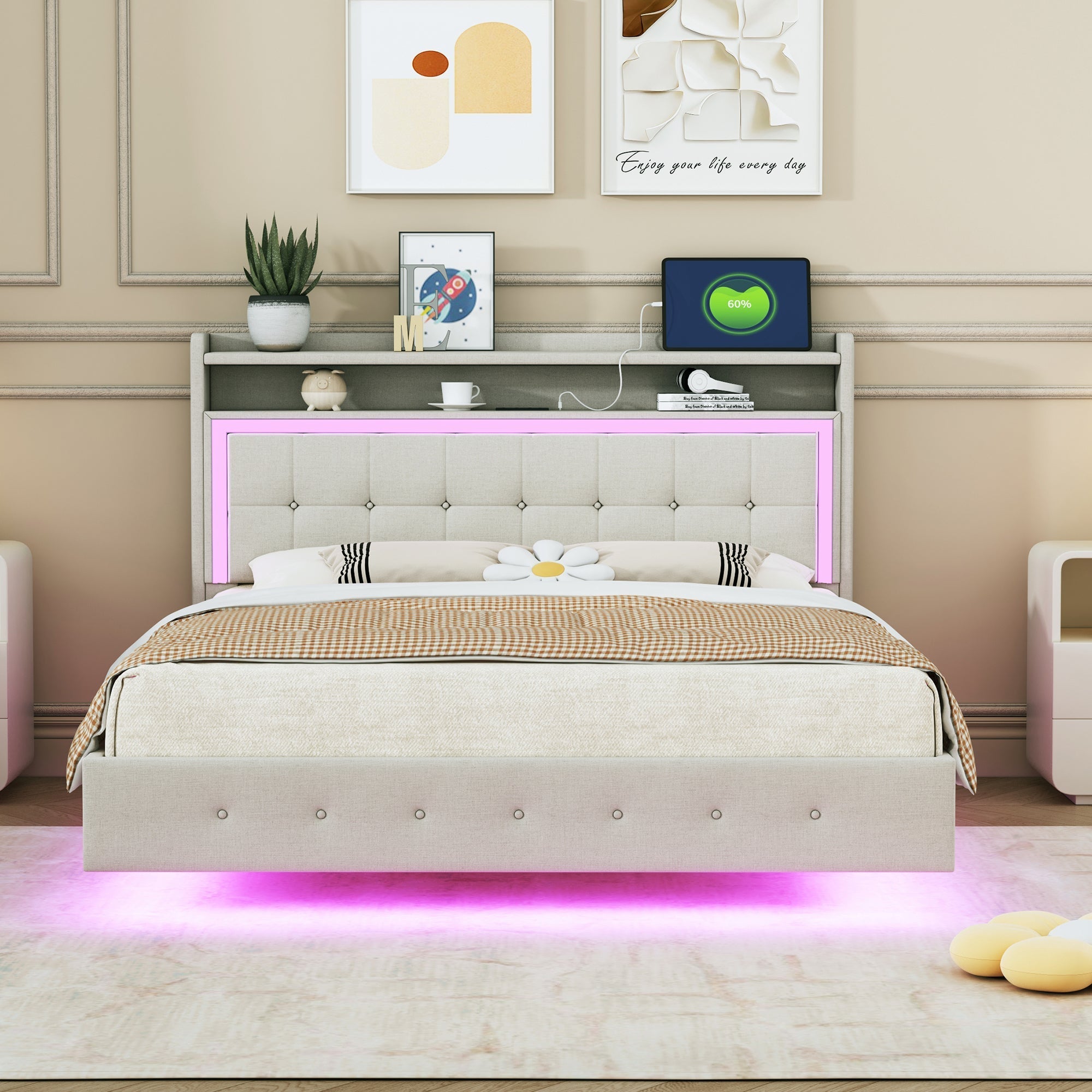 Upholstered Bed 140*200 with USB & LED Light, Linen Beige