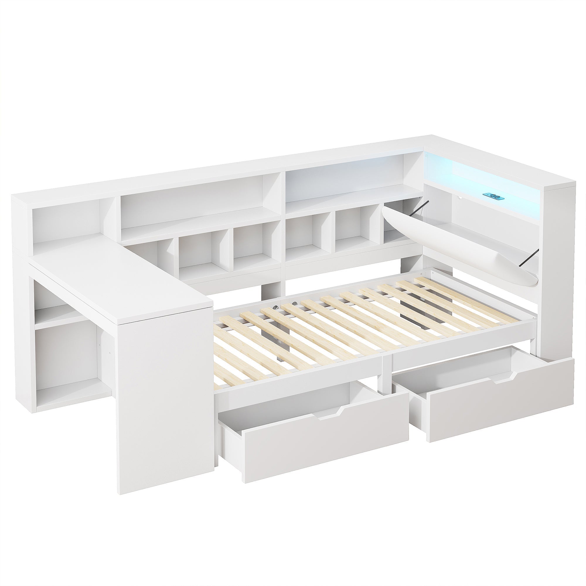 L-Shaped Platform Bed 90x200 Desk Bookshelf Drawers LED - White