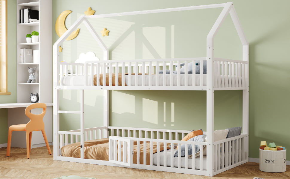 Children's Bunk Bed 90*200, Loft Design with Stairs, White Metal