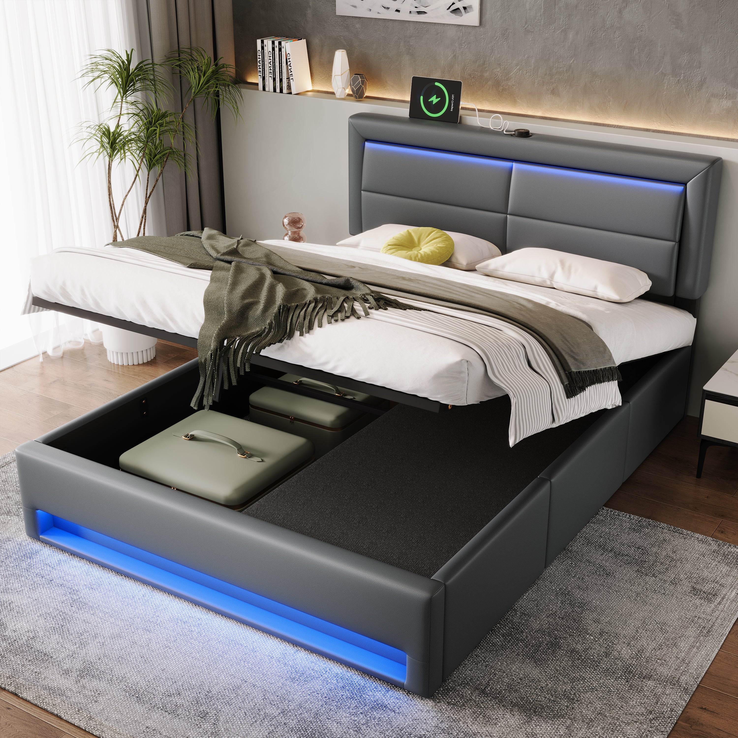 Upholstered Hydraulic Bed with USB, LED and 3 Storage Drawers, 140x190cm, Grey PU Leather