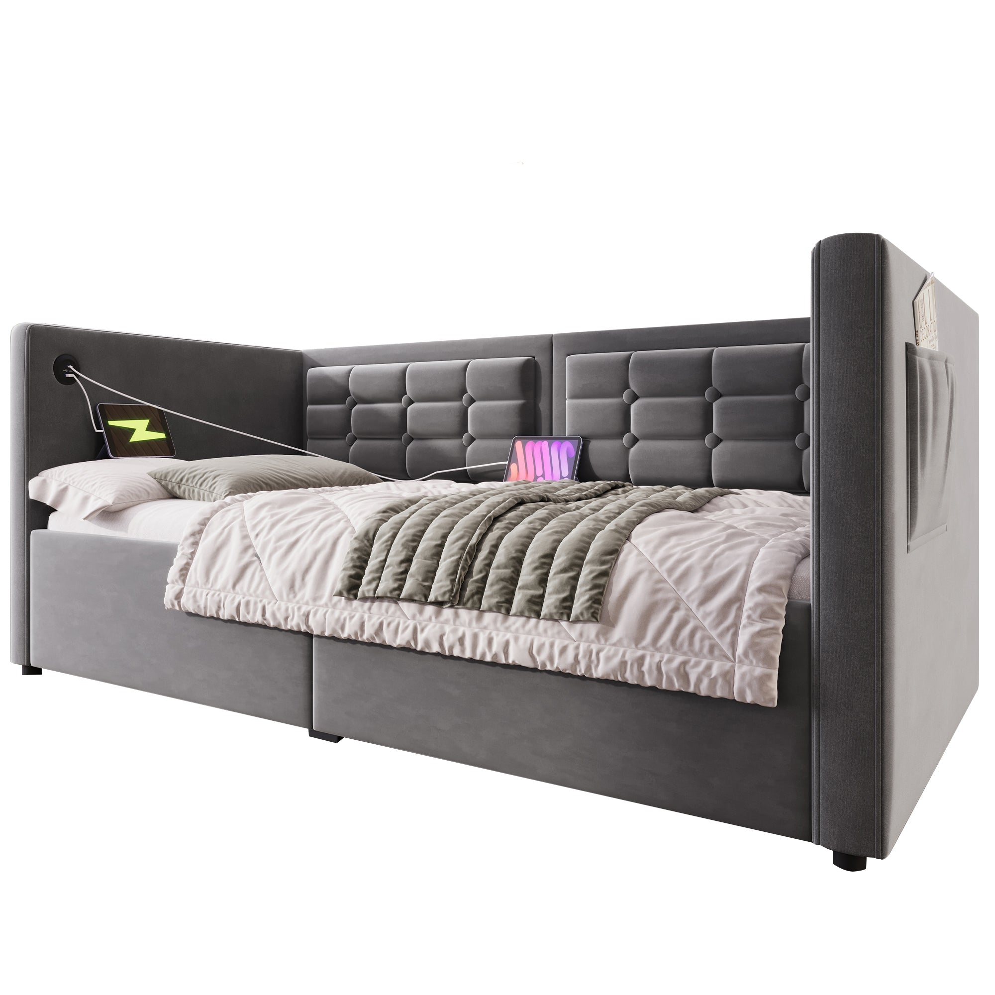 Daybed Upholstered Bed 90 x 190 cm 3FT Single Sofa Bed with Charging Station, Hydraulic Storage, Velvet Grey (No Mattress)
