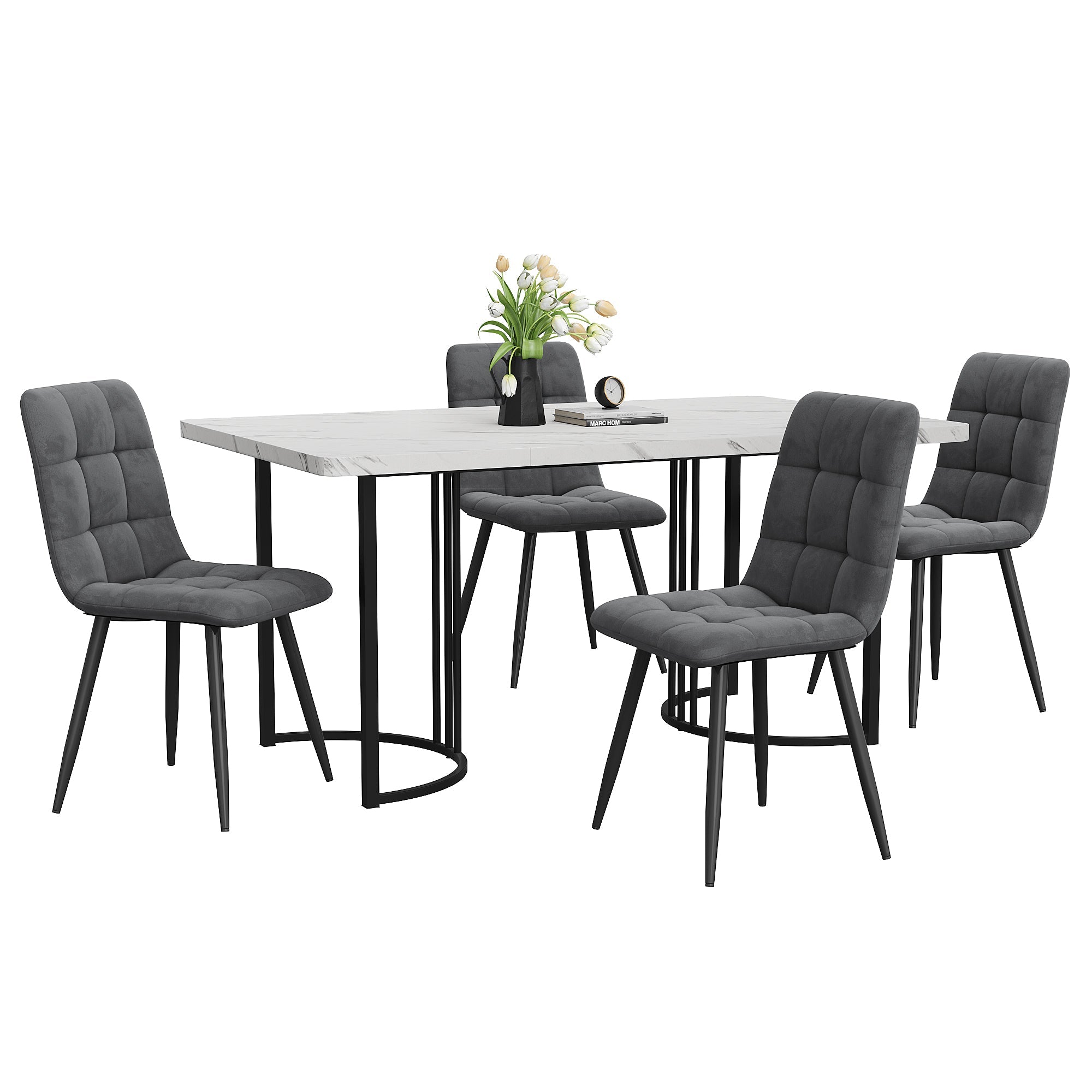 5-Piece Dining Set 140x80cm Modern Black Metal Legs White MDF Dark Grey Velvet Chairs