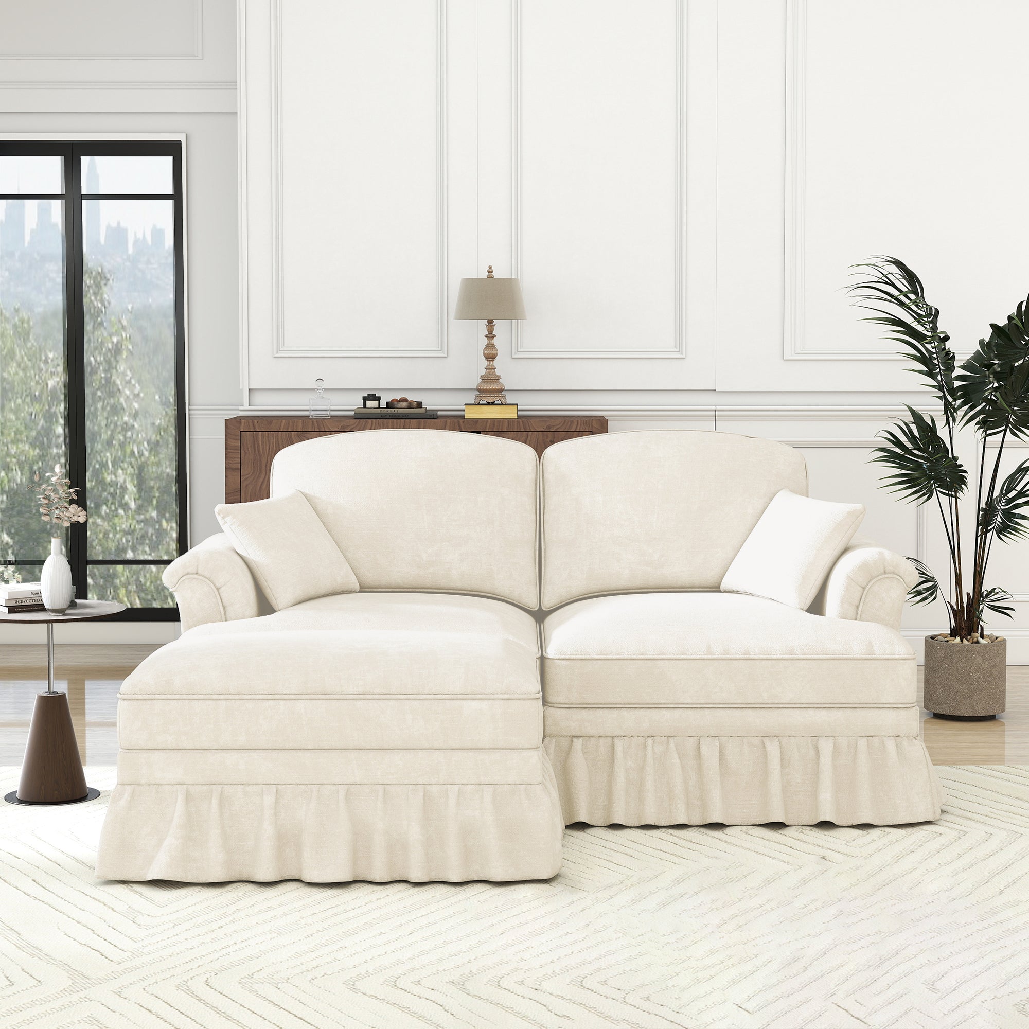 Modular L-Shaped Sofa 2-Seater Mid-Century Ottoman - White Chenille