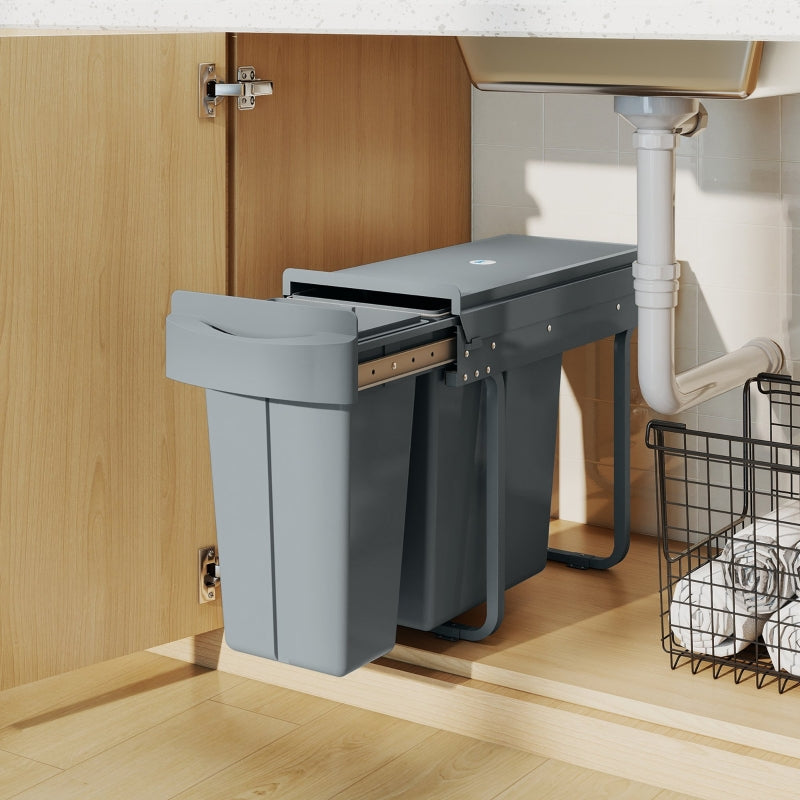 Extendable Waste Bin 30L with 2 Removable Buckets - Grey Metal