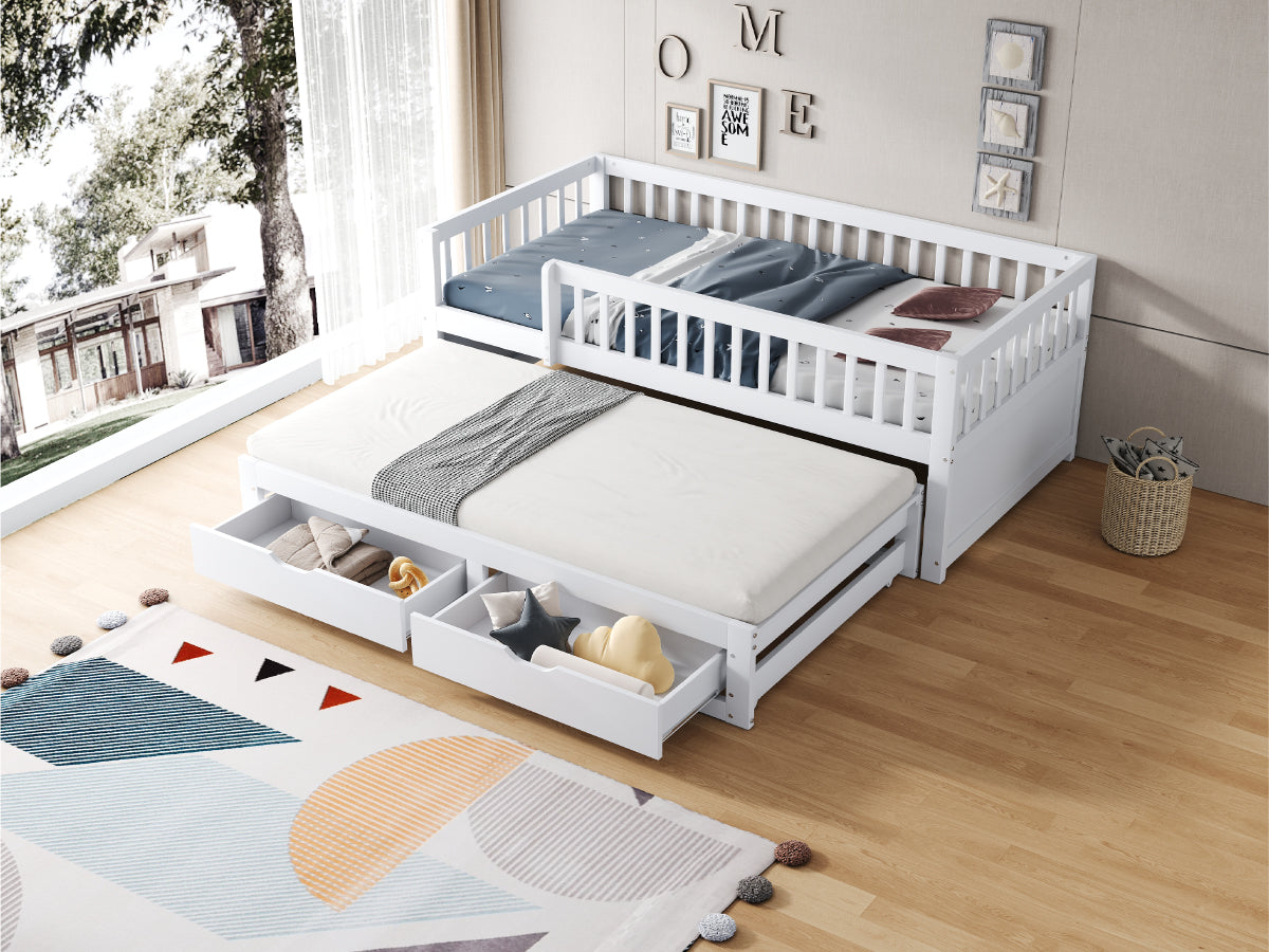 Solid Wood Sofa Bed, Pull-Out 90x200cm Safety Rail Storage, White