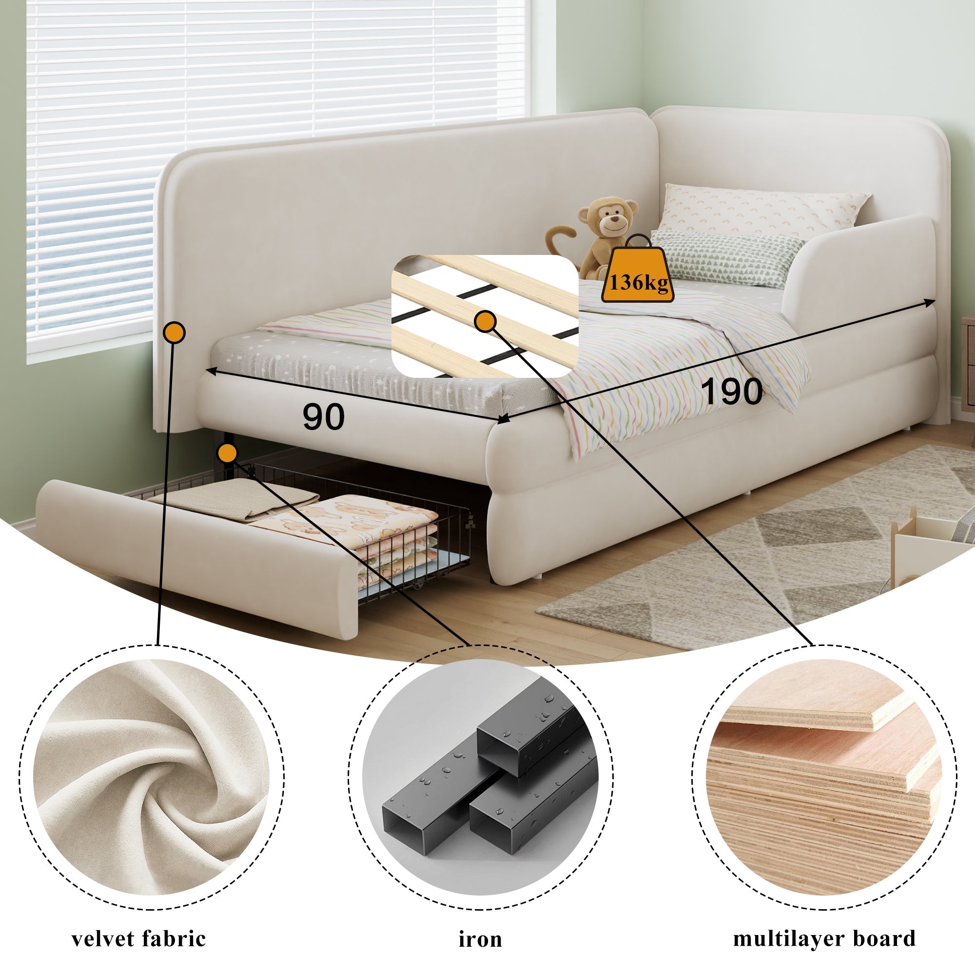 Upholstered Bed 3ft Single 90x190cm Drawer Footboard Side Rails Velvet Beige
