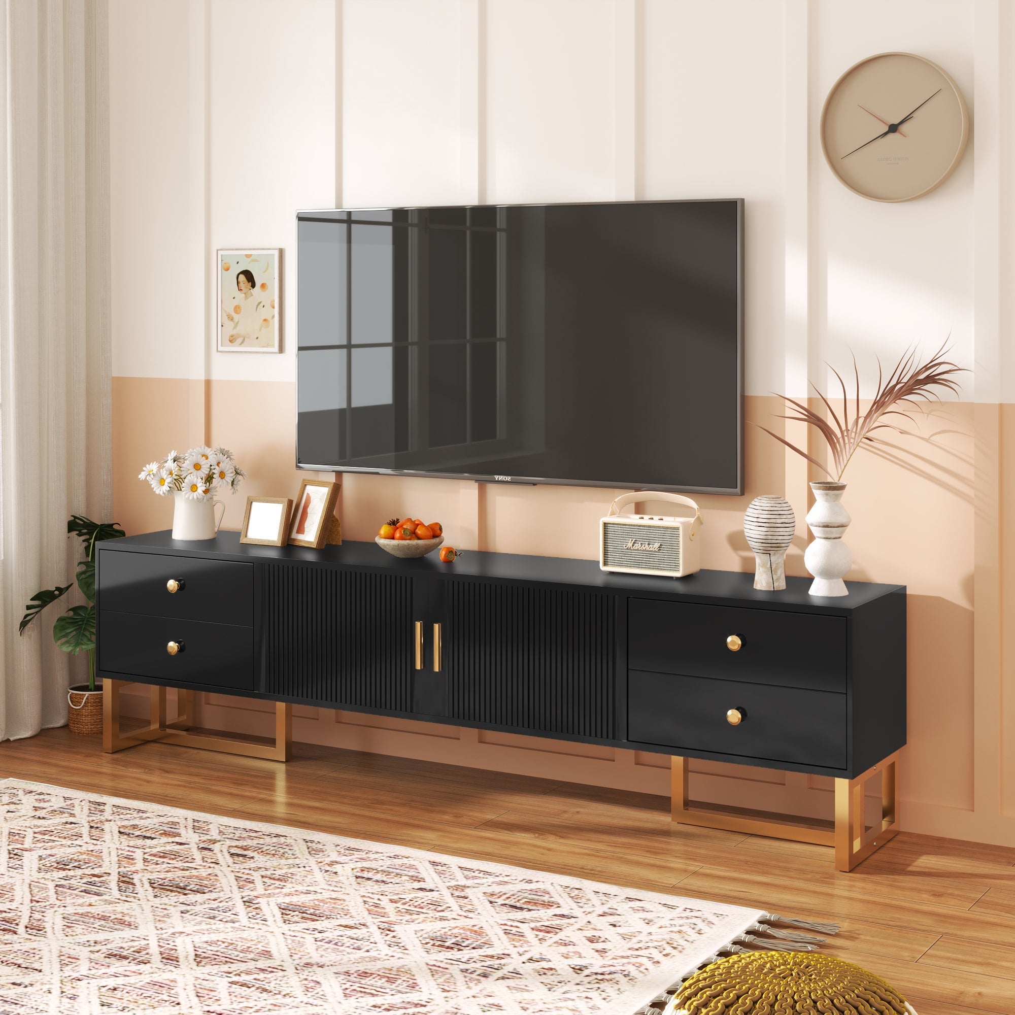 TV Cabinet, Low Panel Textured Door with Drawers, Gold Handles & Feet