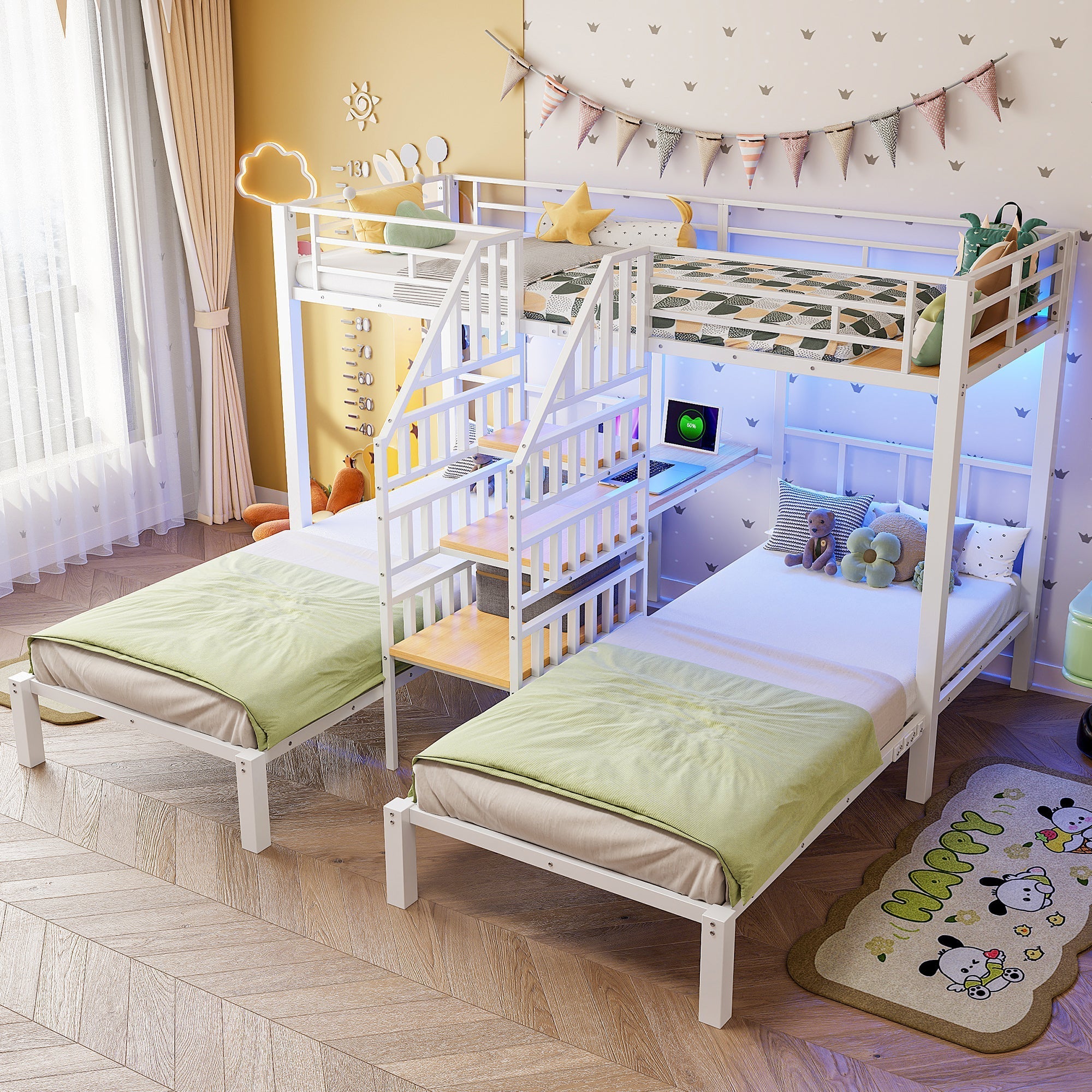 Bunk Bed with LED Lights, Integrated Storage Ladder, USB Ports and Desk, White