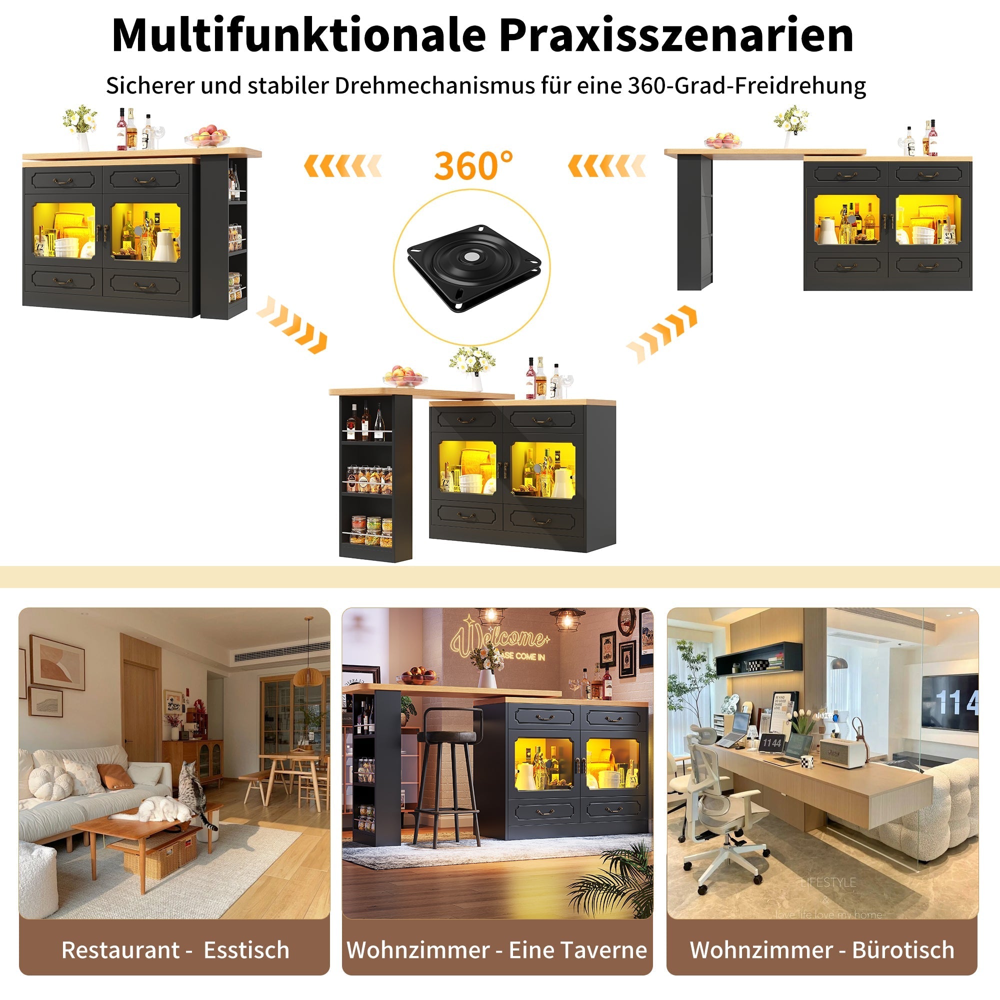 Extendable Bar Table 360° Rotating Storage LED 135-203cm - Black