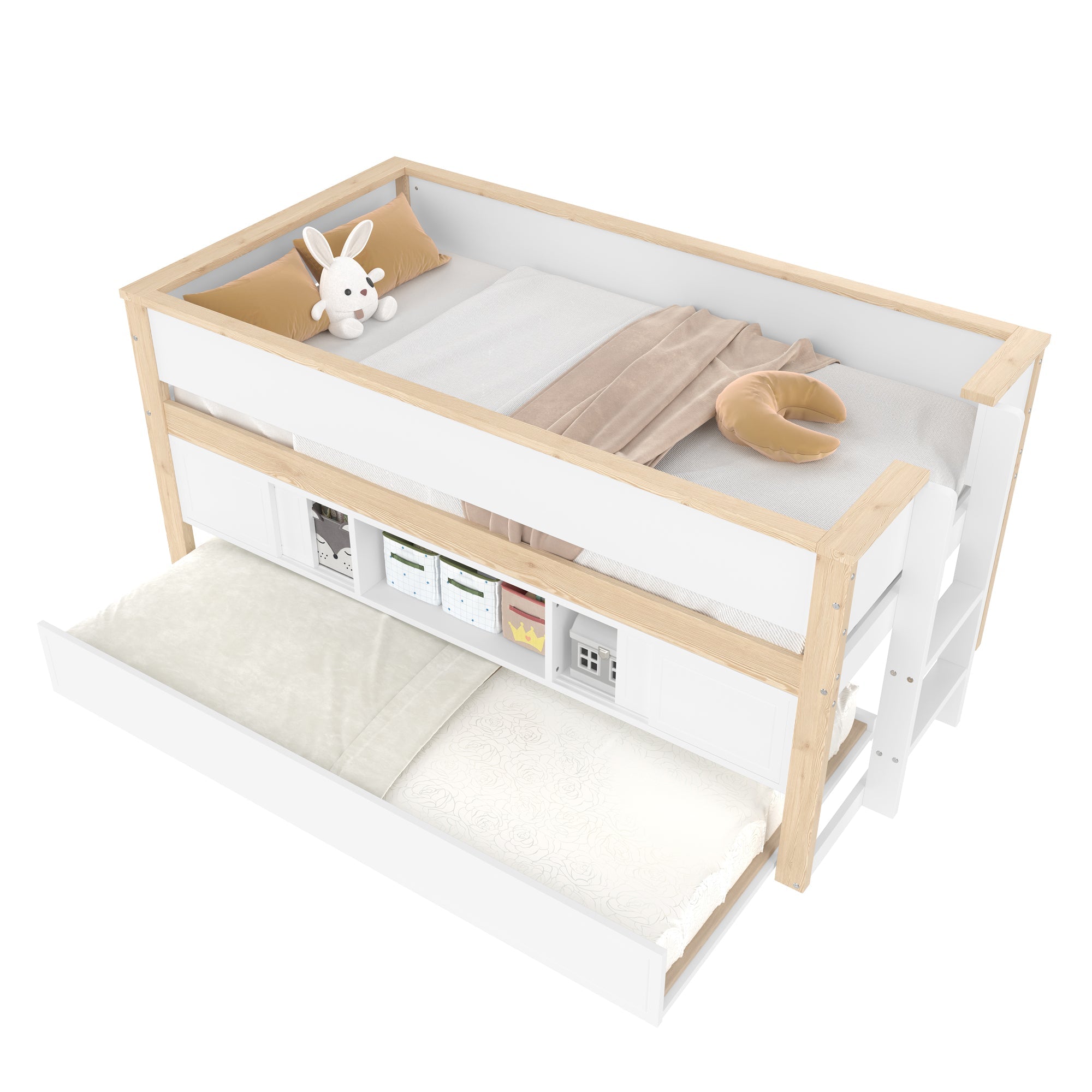 Mid-height Bed with Pull-Out Bed Storage 90x200cm, White + Natural