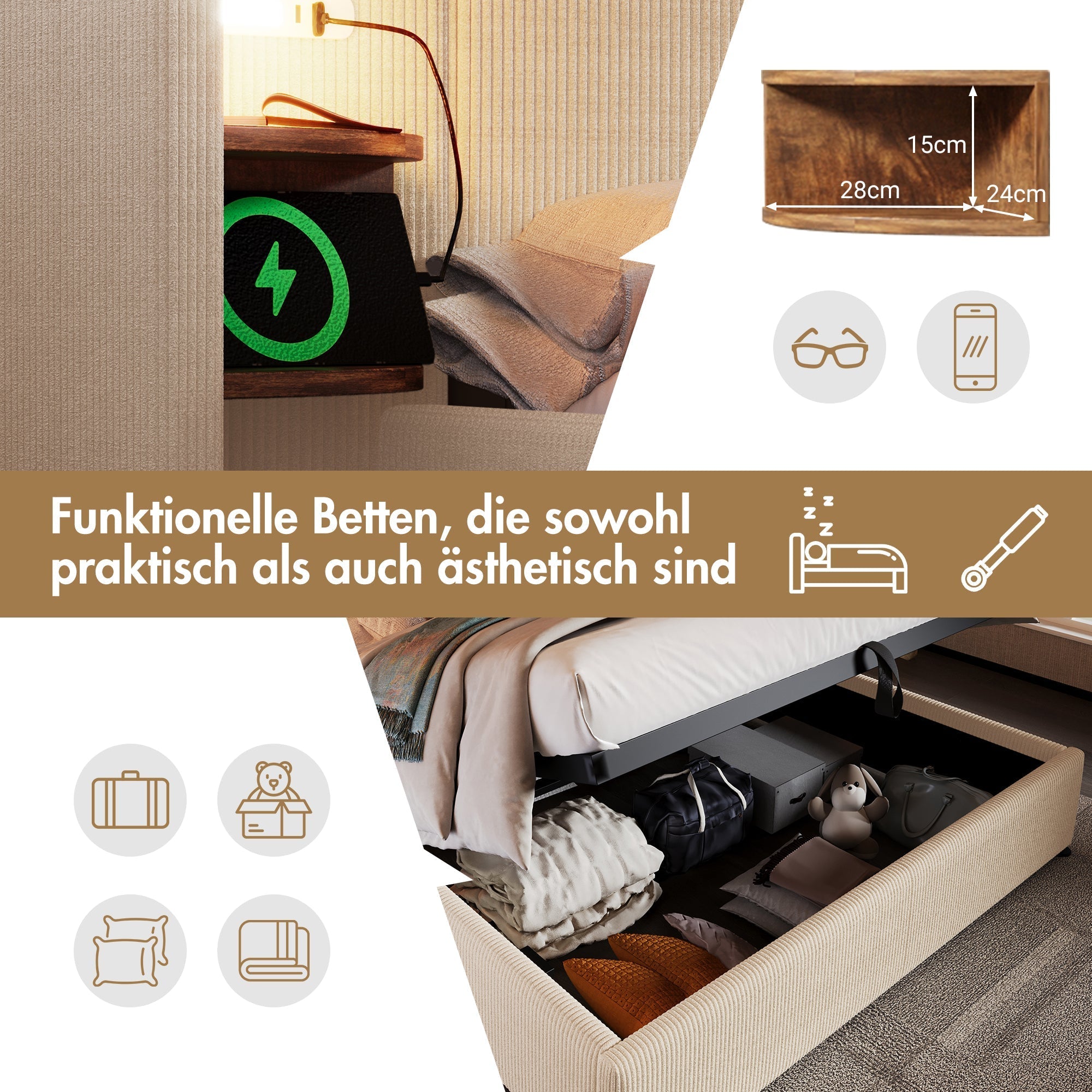 Upholstered Bed, 160x200, Storage, Lamp, USB-C, Beige-White Corduroy