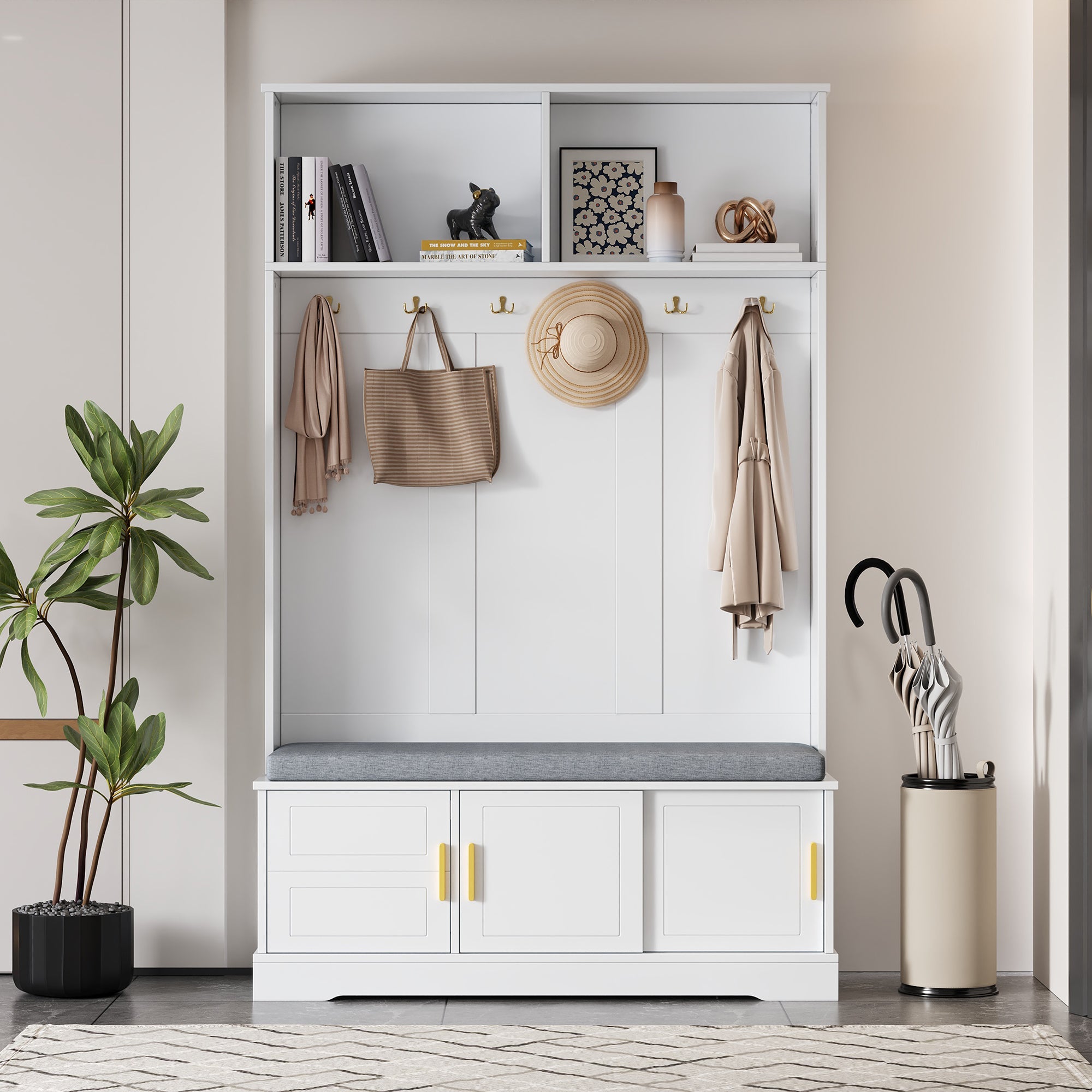 Coat rack with shoe bench, wardrobe, 6 triple hooks, freestanding, space-saving, white