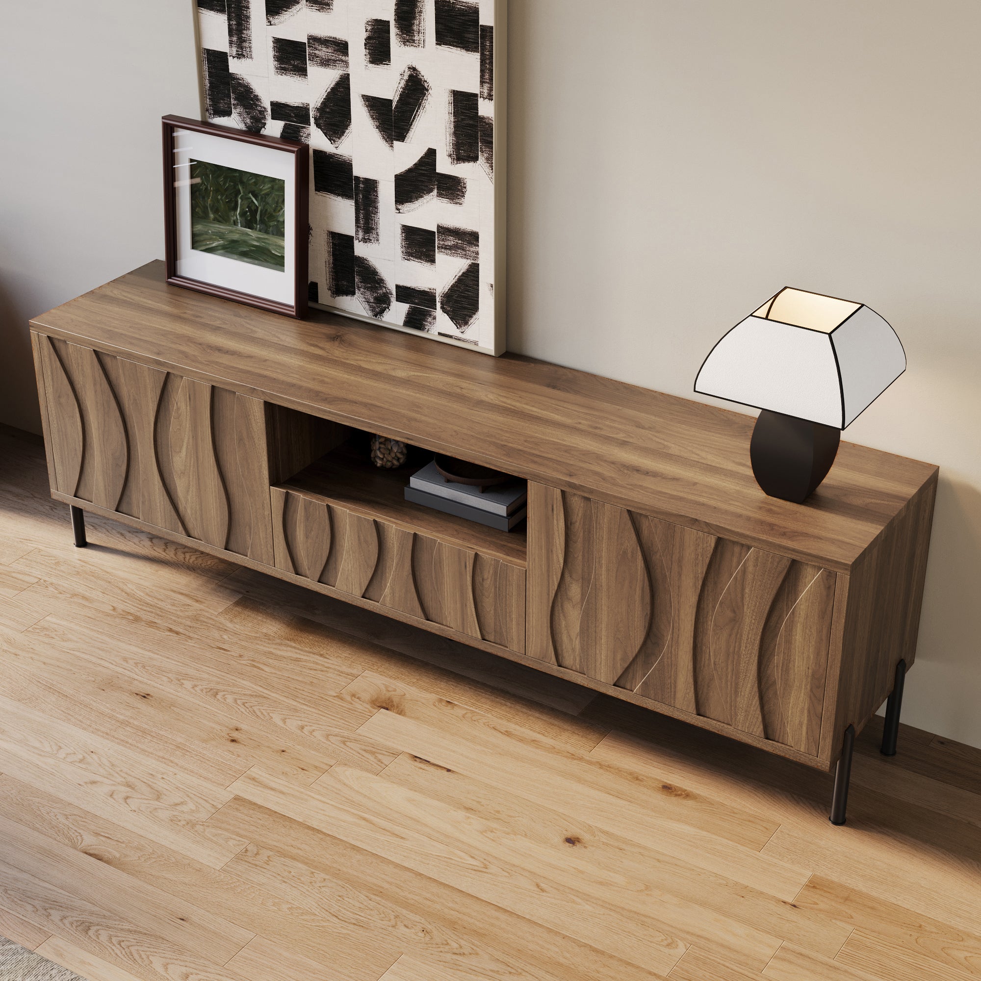 TV Cabinet with Three Doors, Low Cabinet 160x35x46cm, MDF Natural