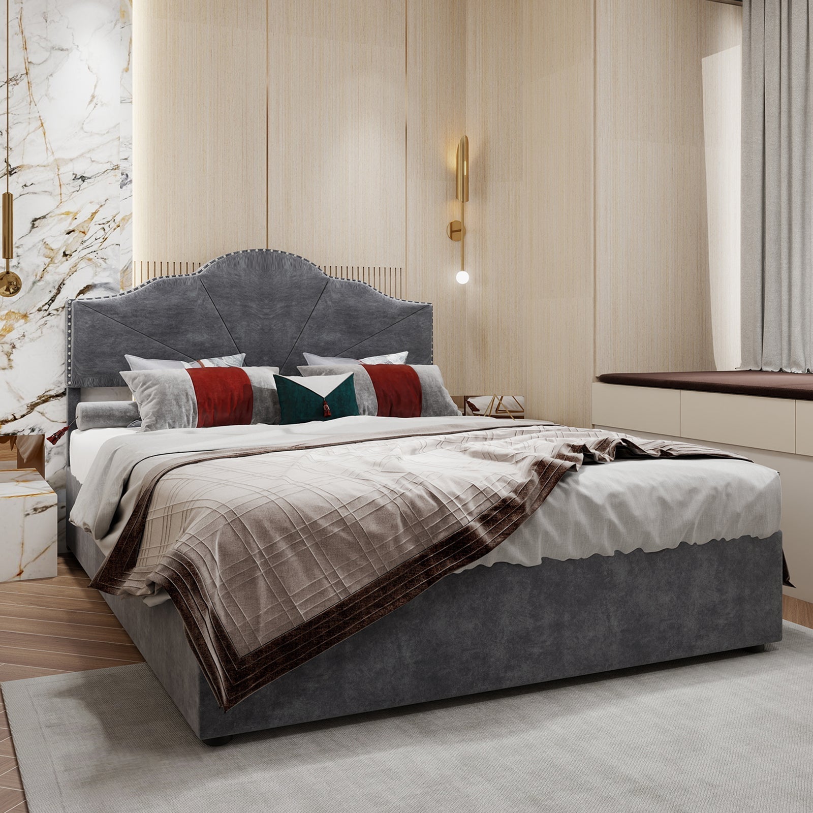 Modern Minimalist Soft Bed, High Box with Pneumatic Rod, 140*200CM, Gray