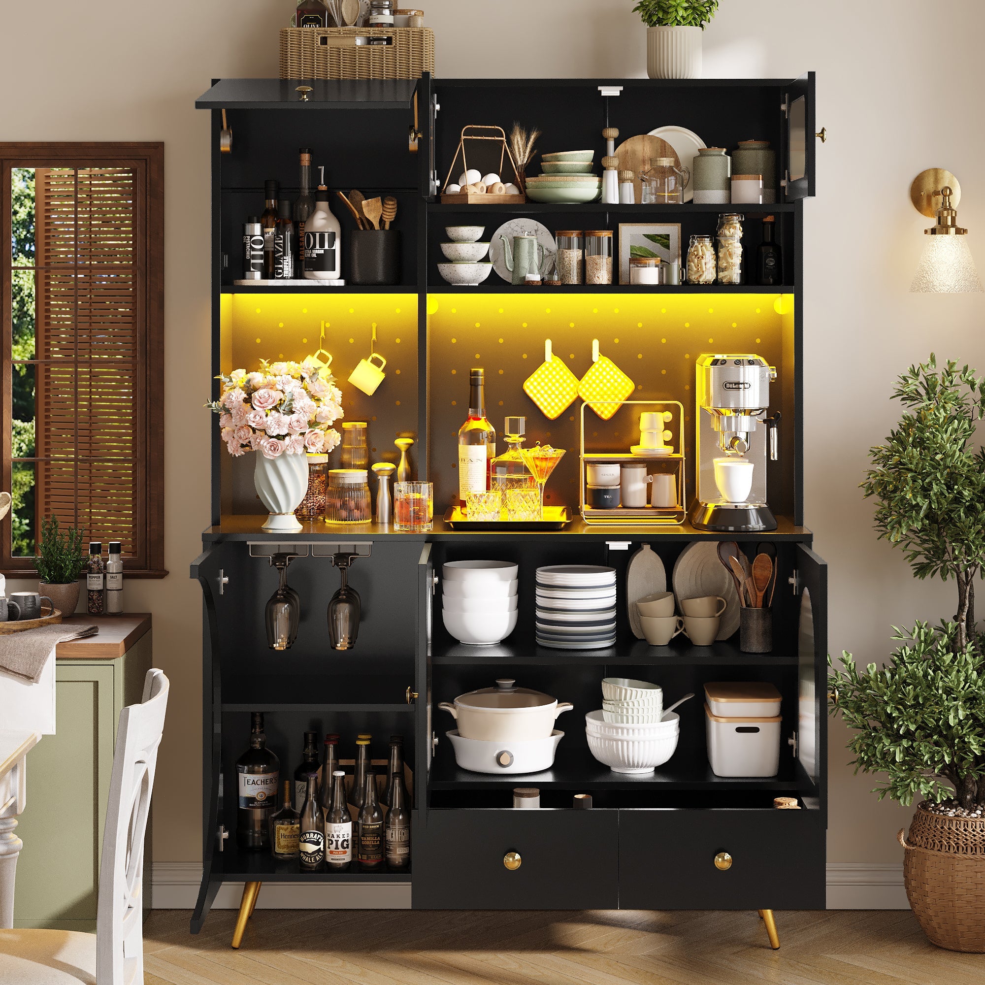 Modern Sideboard with LED Lighting, USB Ports and Sockets, Black