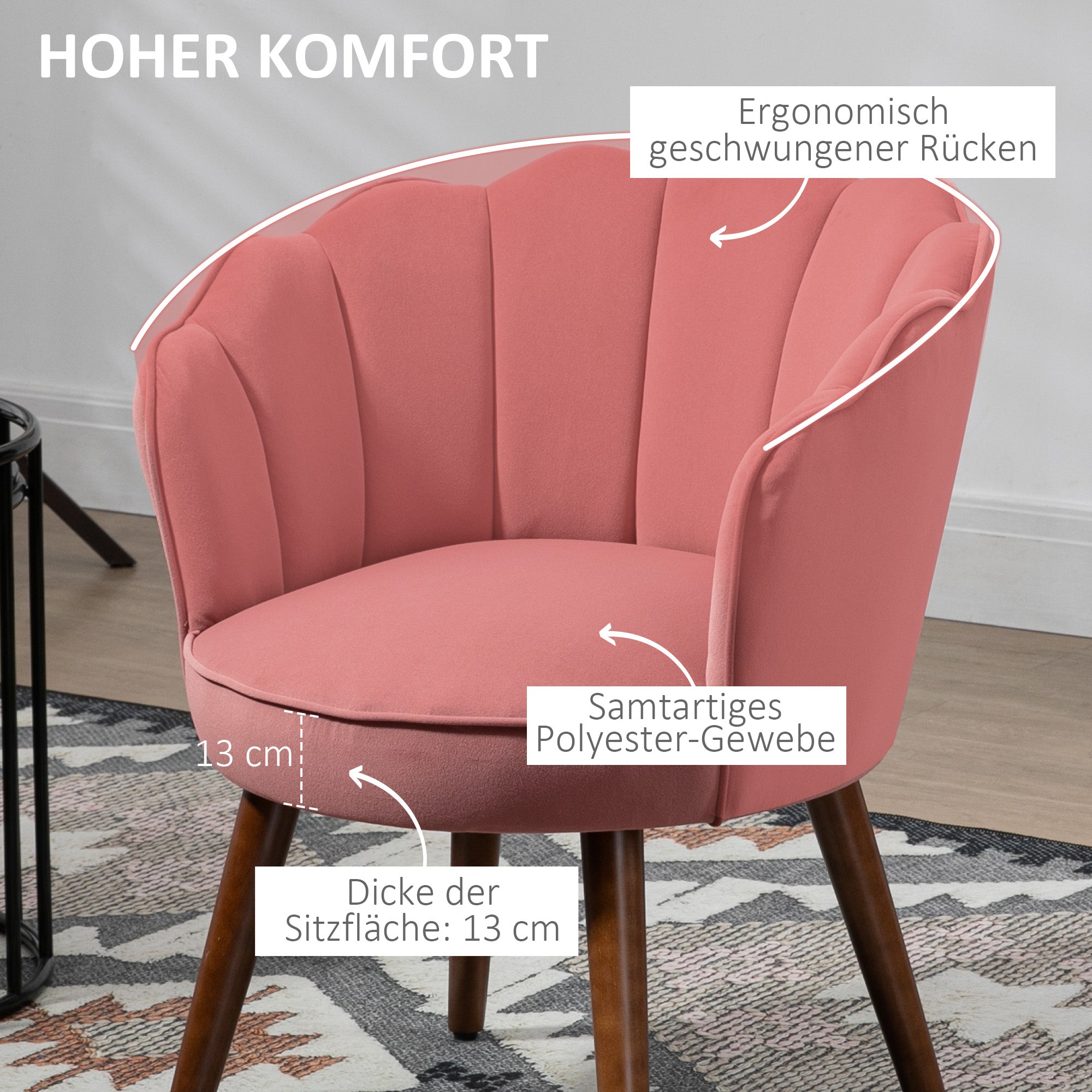 Esszimmerstuhl Sessel Rückenlehne Wohnzimmer Polyester Kautschukholz Rosa