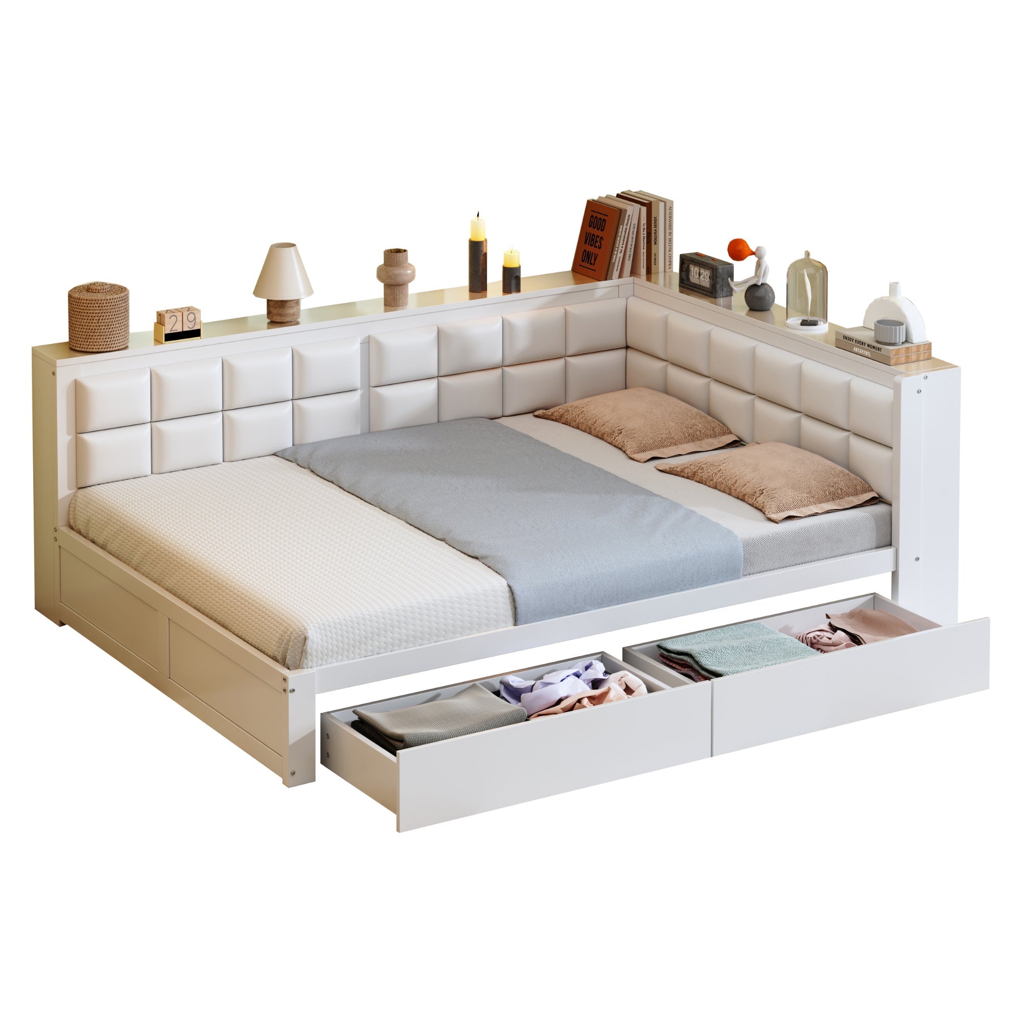 Sofa Bed, Multifunctional with Storage Drawer & Soft Backrest, Pine Wood White