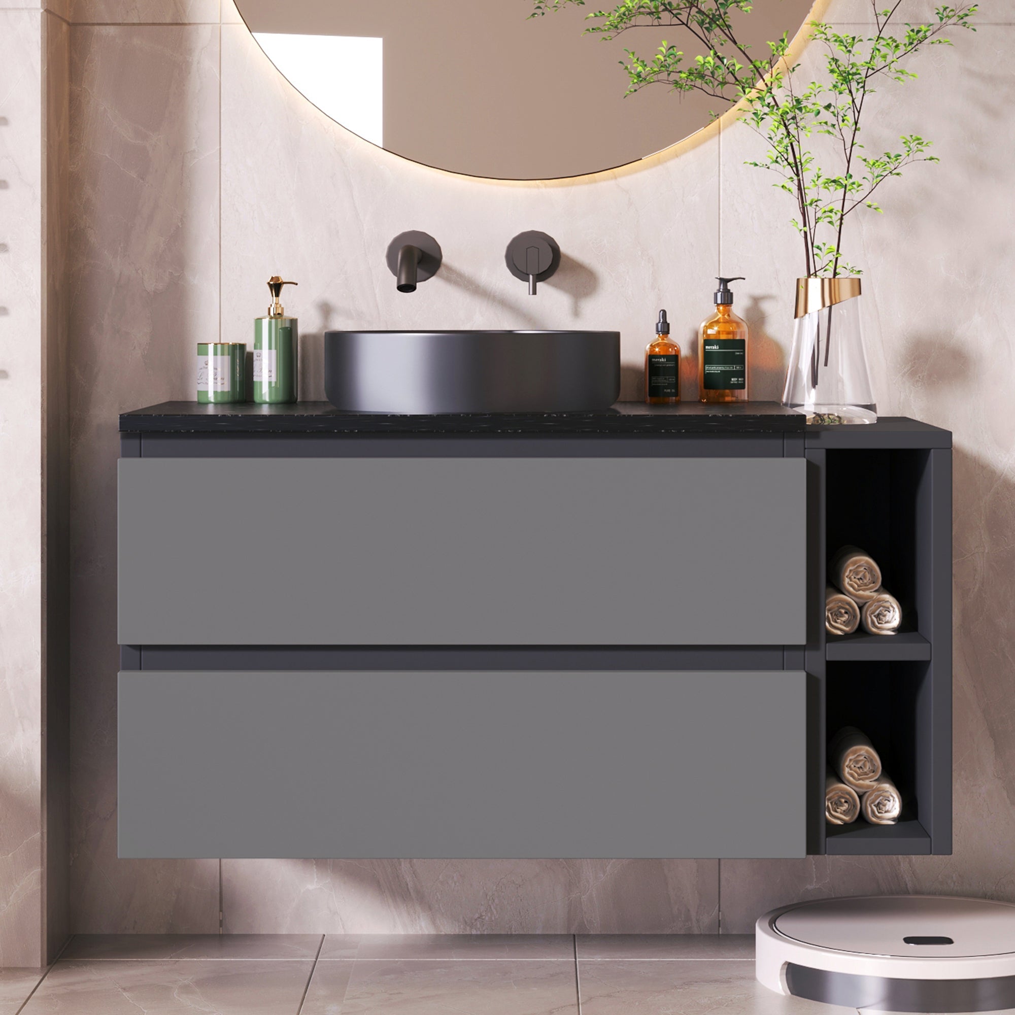 Wall-Mounted Vanity Unit 80cm Wide Ceramic Sink Drawers, Black/Grey