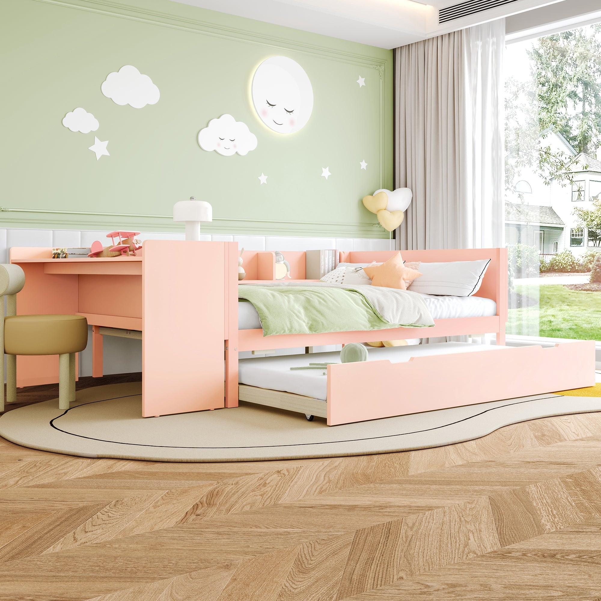 Wooden Flatbed Double Bed with Desk, Trundle and Shelves, 140x200cm, Pink