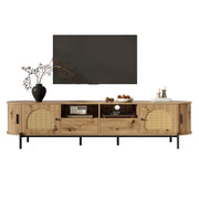 Oval TV Cabinet with Sliding Doors and Drawers, Wood Look and Rattan