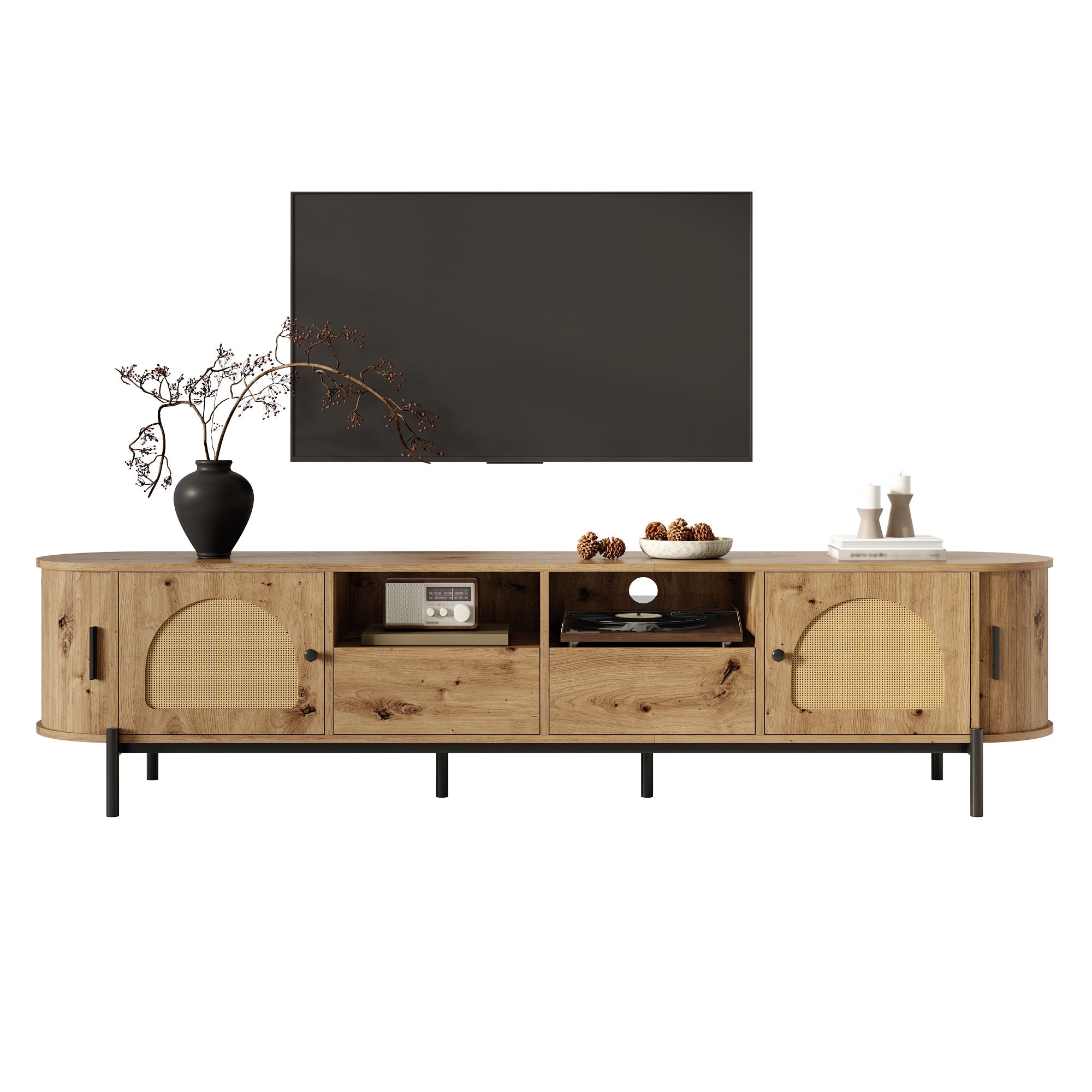 Oval TV Cabinet with Sliding Doors and Drawers, Wood Look and Rattan