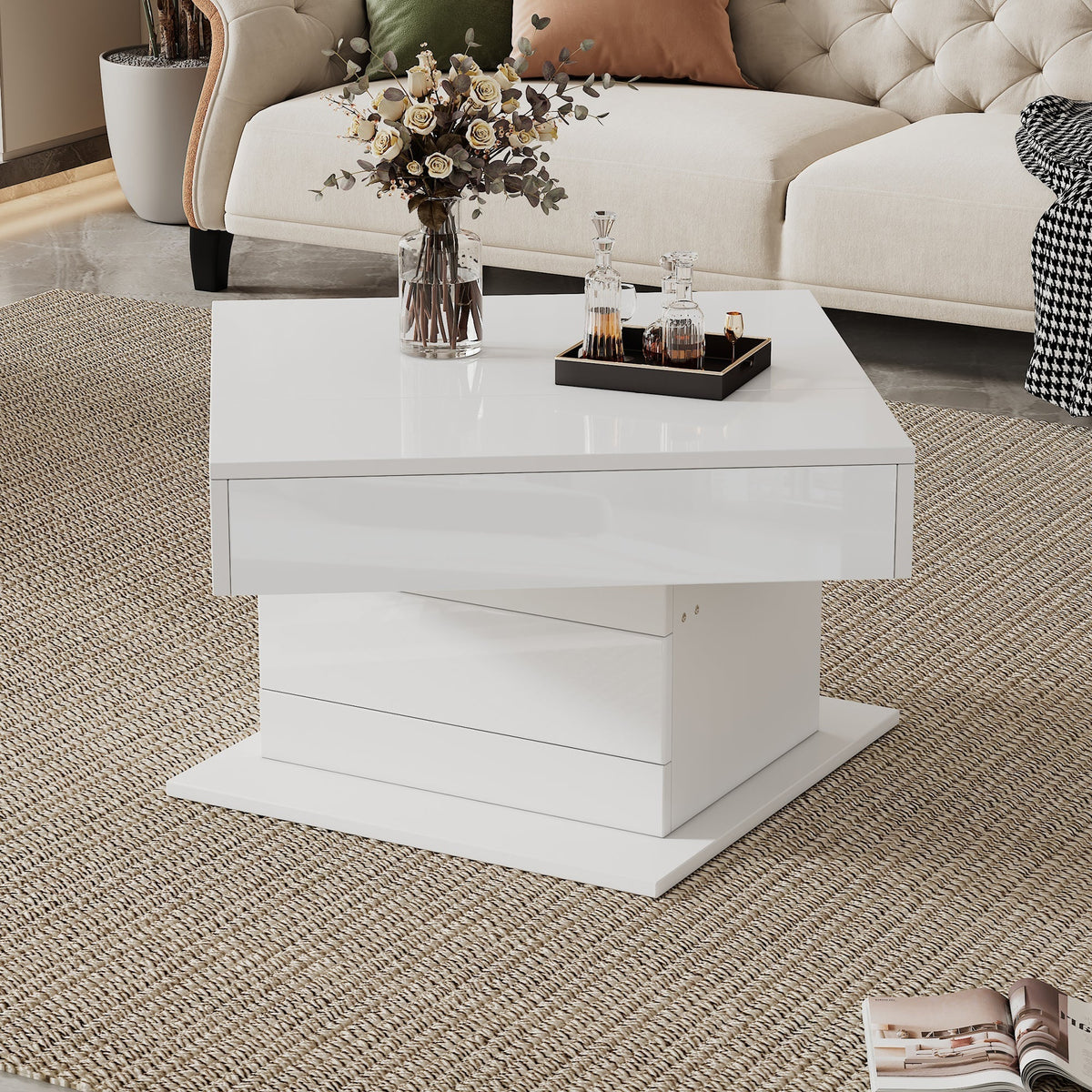Coffee Table Geometric Lift-Up 360° Swivel Top 1 Drawer Hidden Storage - High-Gloss White