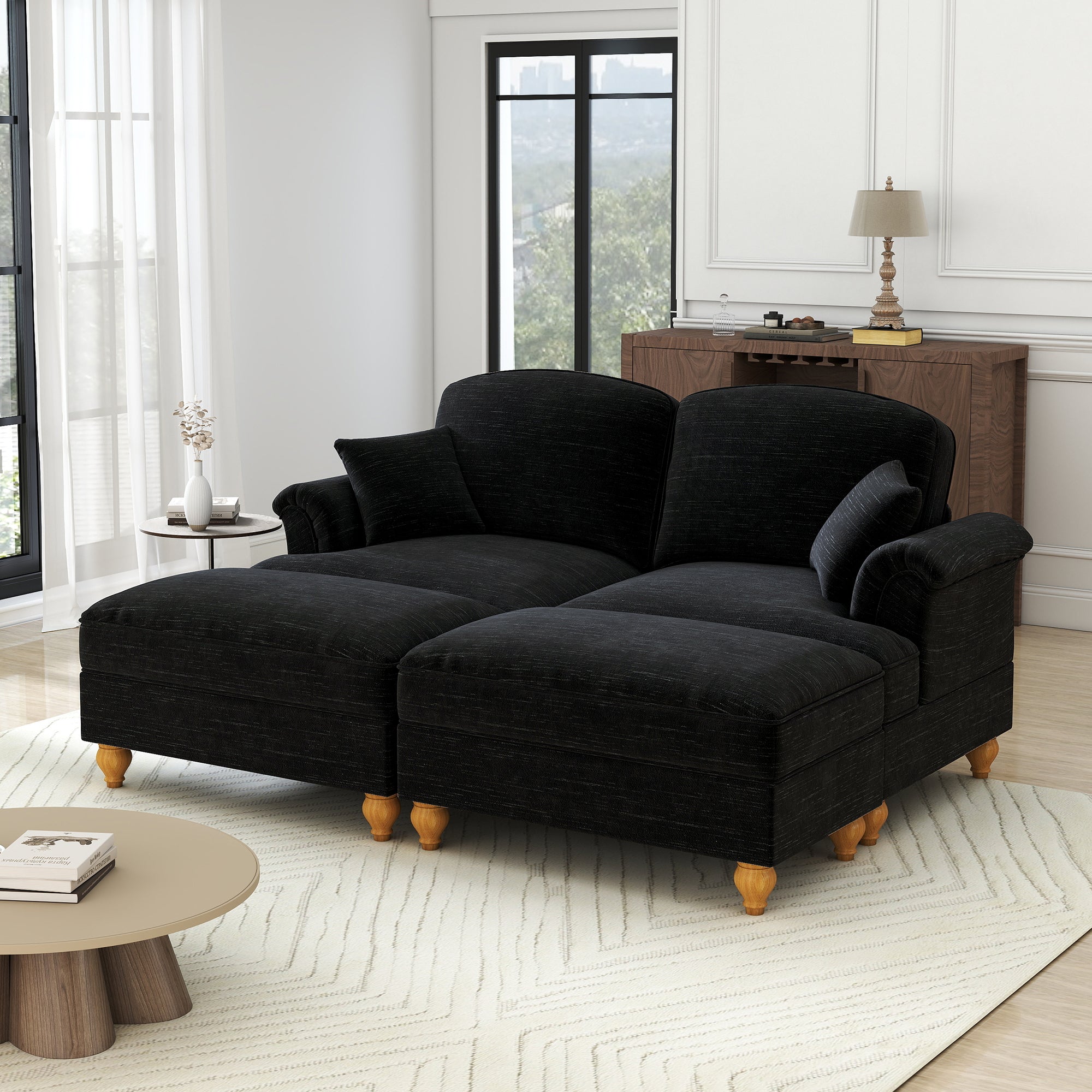 Classic Modular 2-Seater Sofa with Ottoman & Ruffled Apron - Black Chenille