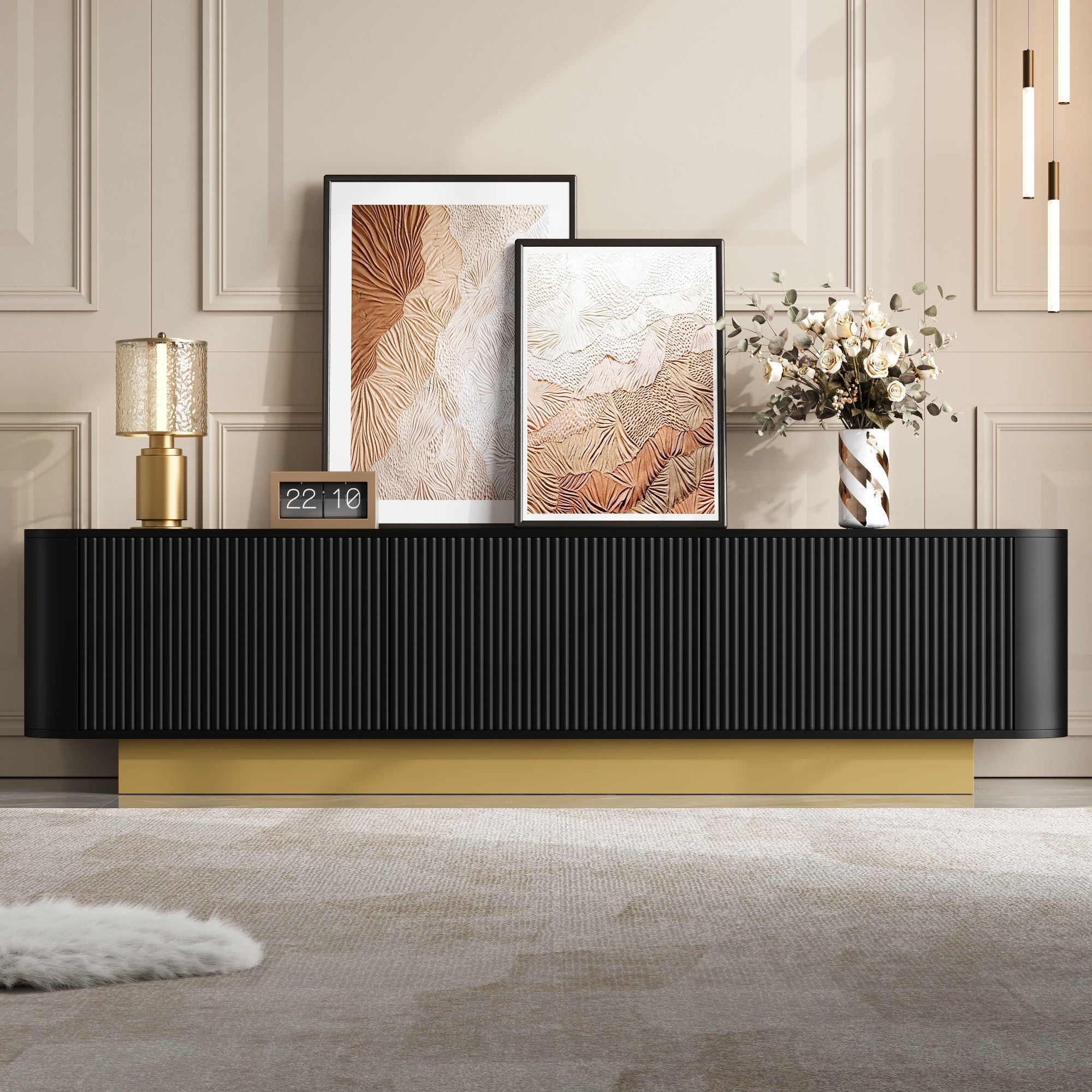 Modern TV Stand with Storage and Textured Front, Black