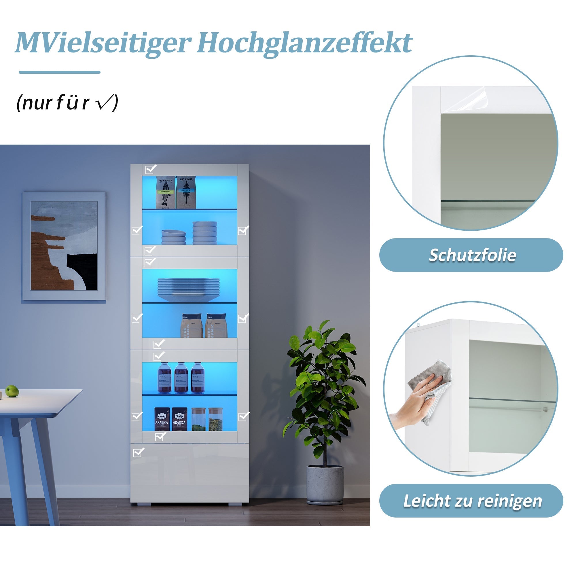 Display Cabinet High-Gloss LED Lighting 3 Glass Shelves, White