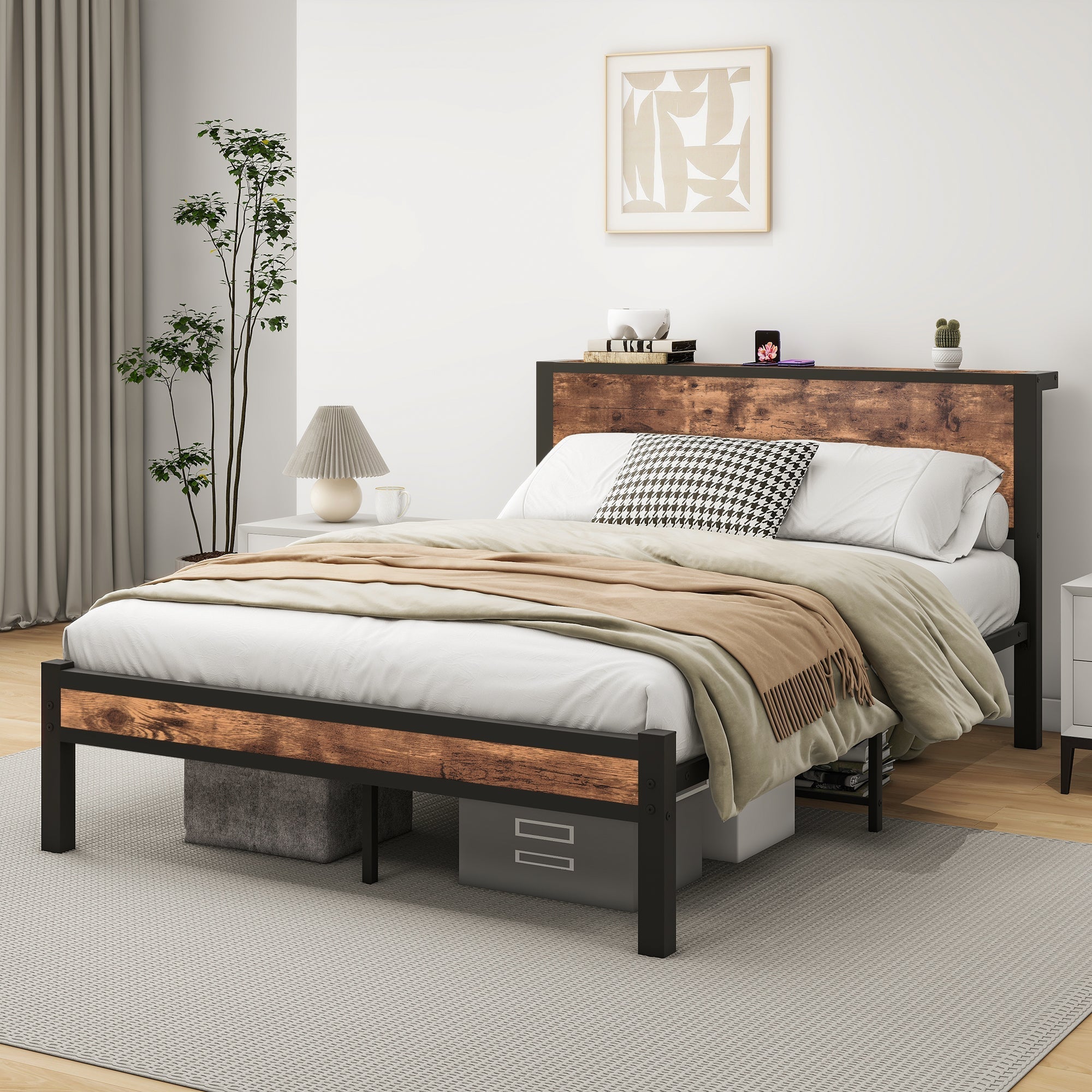 Metal Platform Bed Frame 140x200cm Storage Headboard Noiseless, Vintage Brown