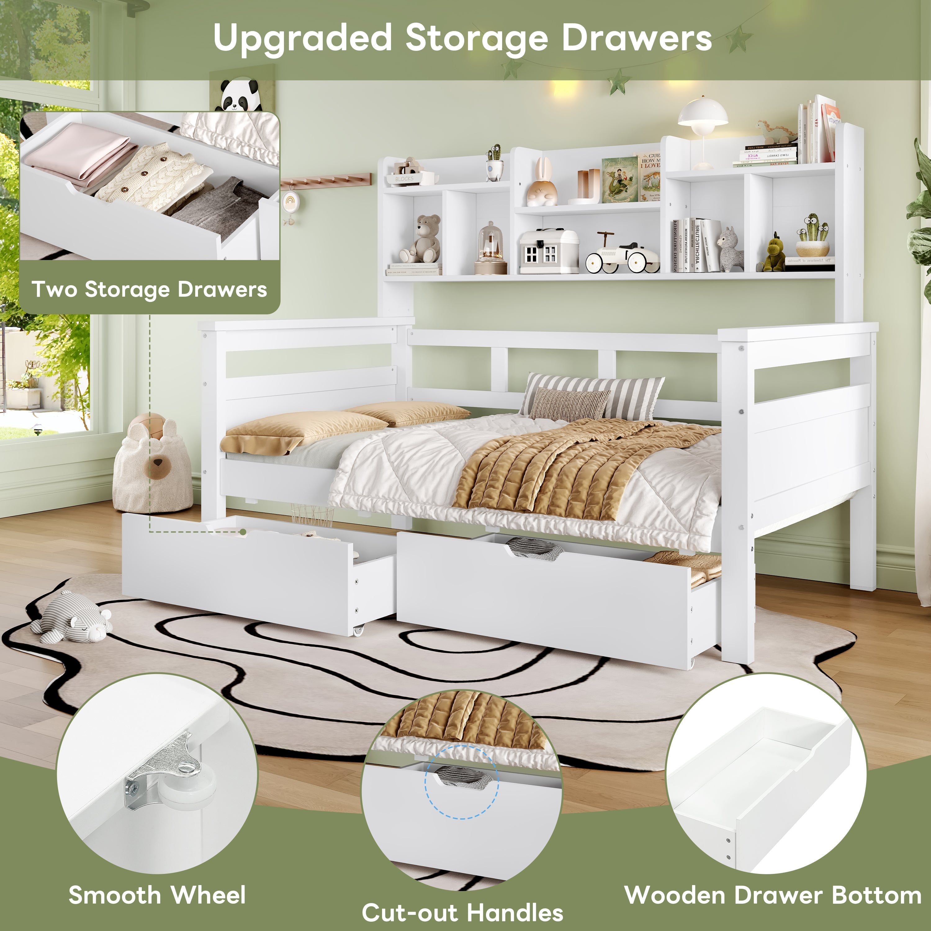 3ft Single Wooden Bed Frame with Two Storage Drawers and Bookcase Headboard, White