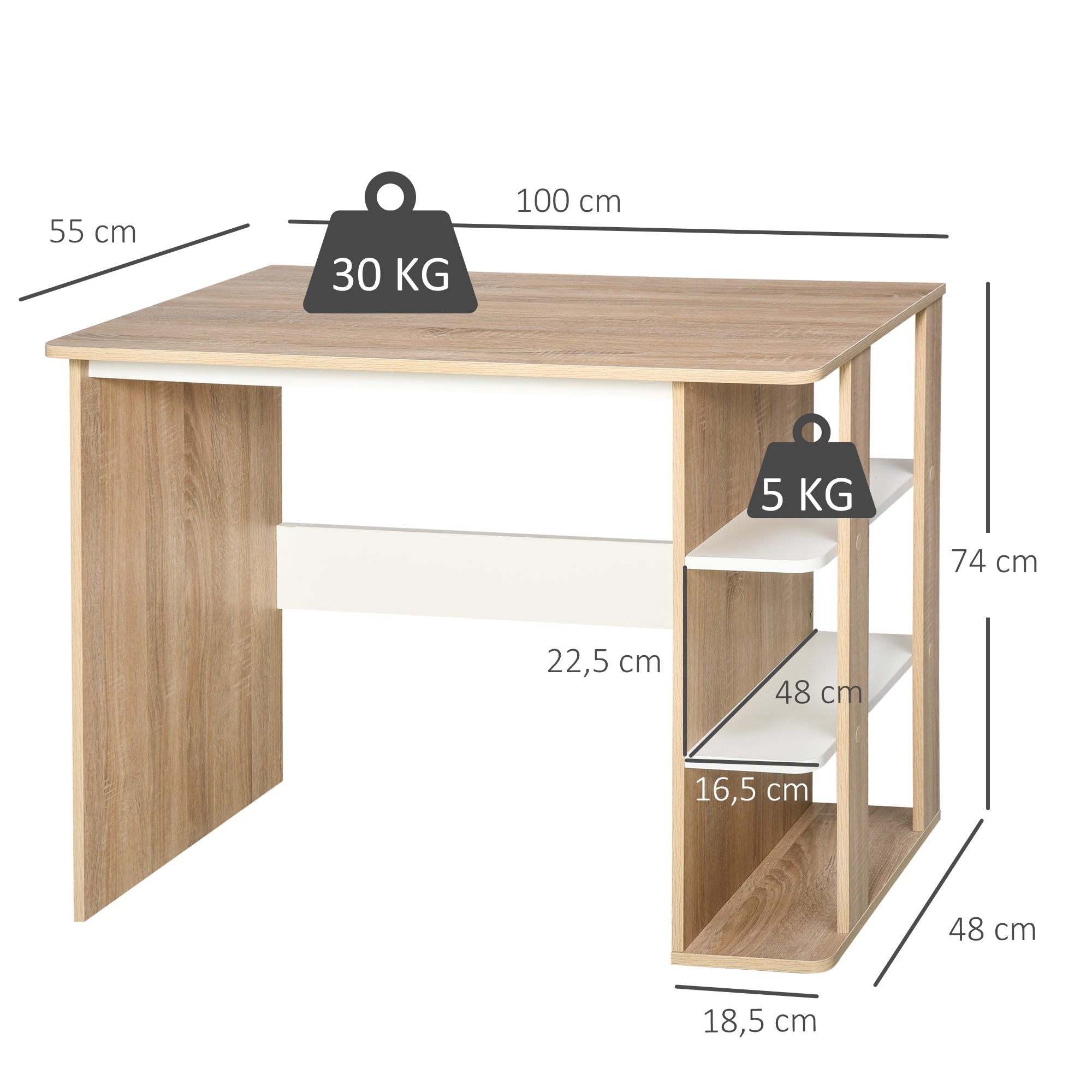 Computer Desk Writing Desk with 3-Tier Storage Shelf, Oak and White