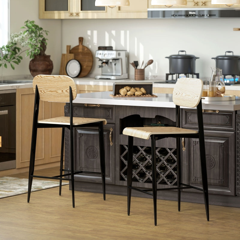 Bar Stool Set of 2, Footrest, 66cm Height, Industrial Design, Natural Wood + Black