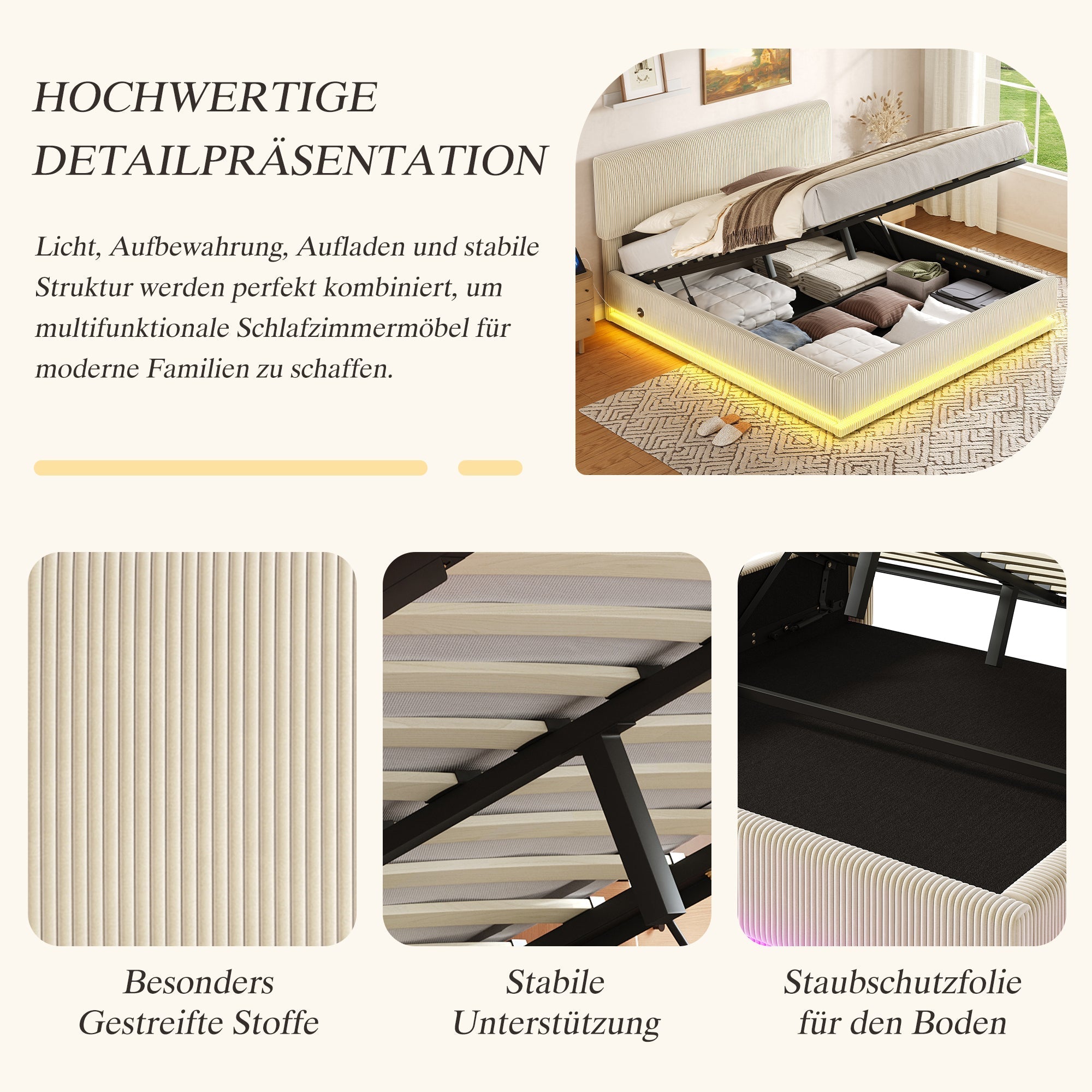 Modern Upholstered Bed with LED Lighting, USB-C and Storage, Corduroy Beige