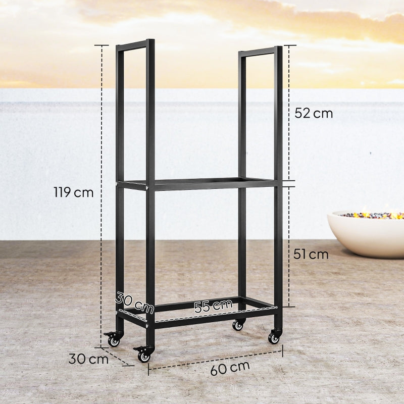 Indoor Firewood Rack 2 Levels With Wheels Steel - Black