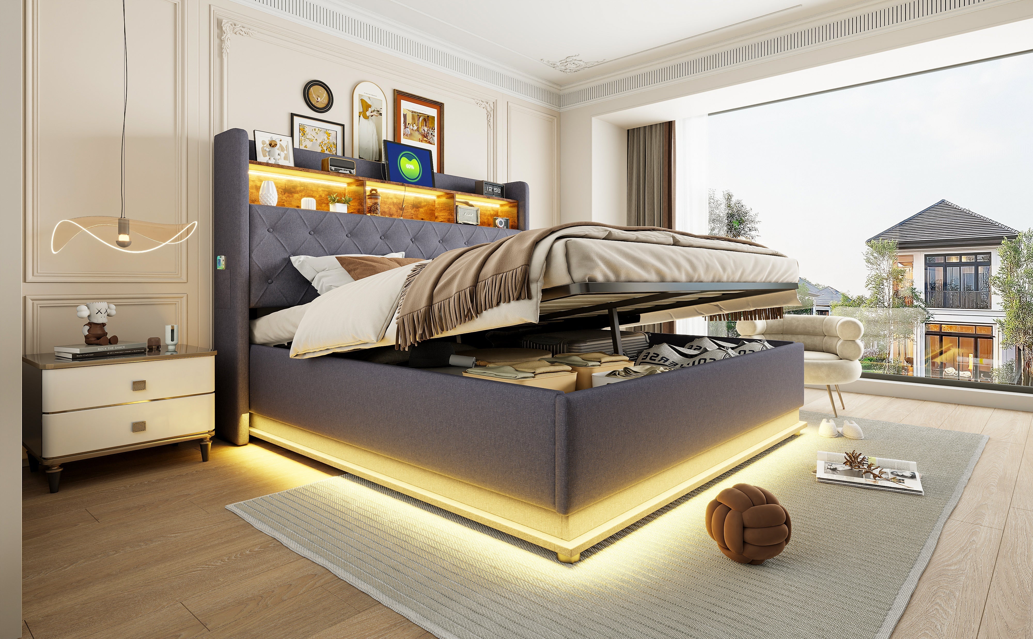 LED upholstered bed with USB and hydraulic storage, linen grey