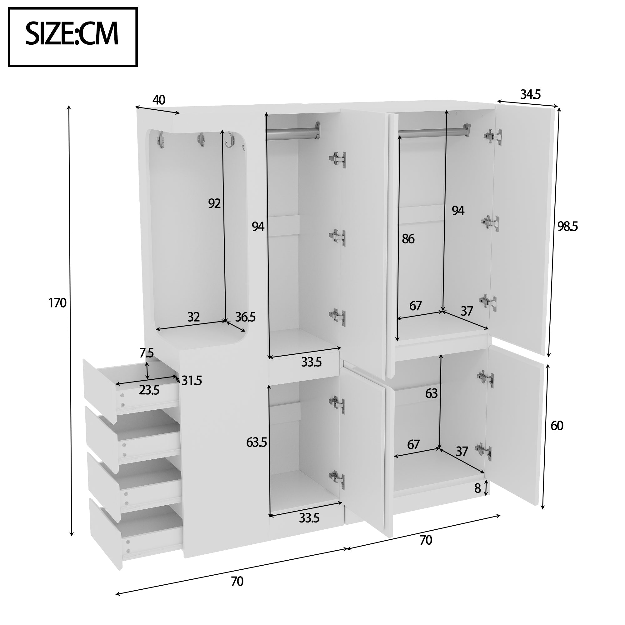 Extra Large Wardrobe with Drawers and Storage Compartments, 140x40x170cm, White