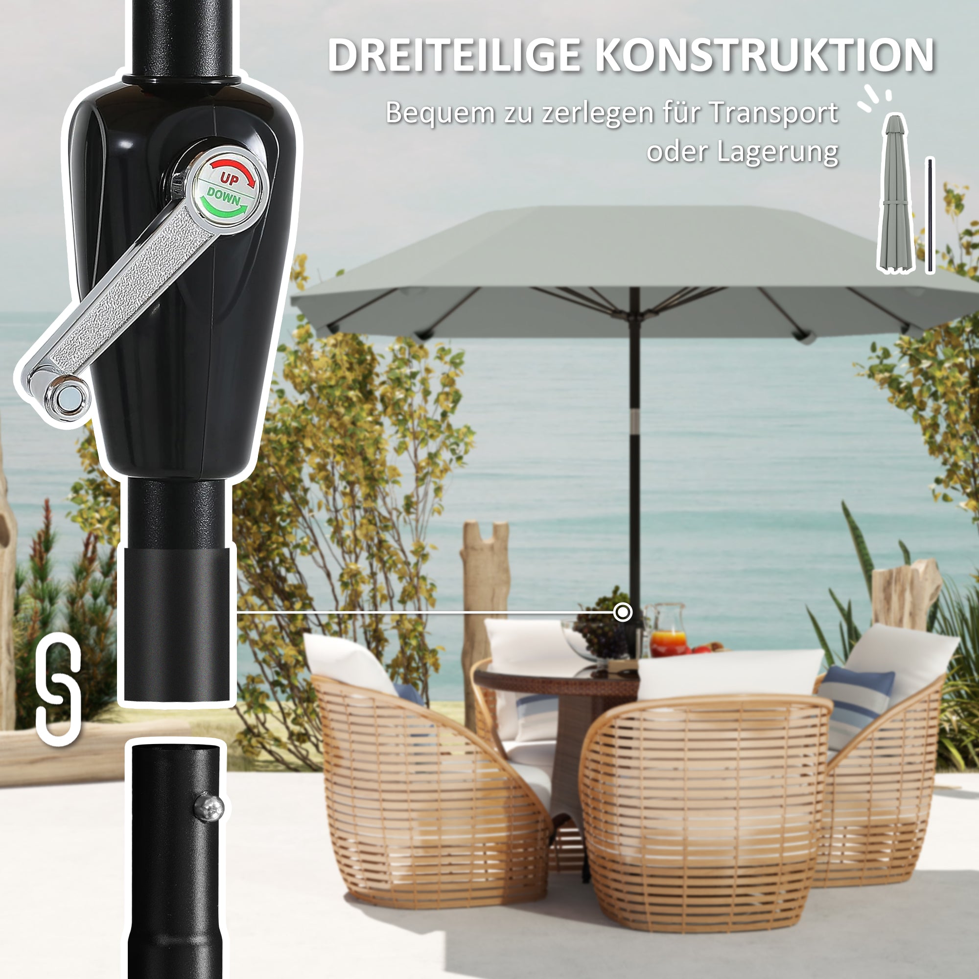 Parasol Ø233cm, Octagonal Folding Beach/Balcony/Garden, Dark Grey