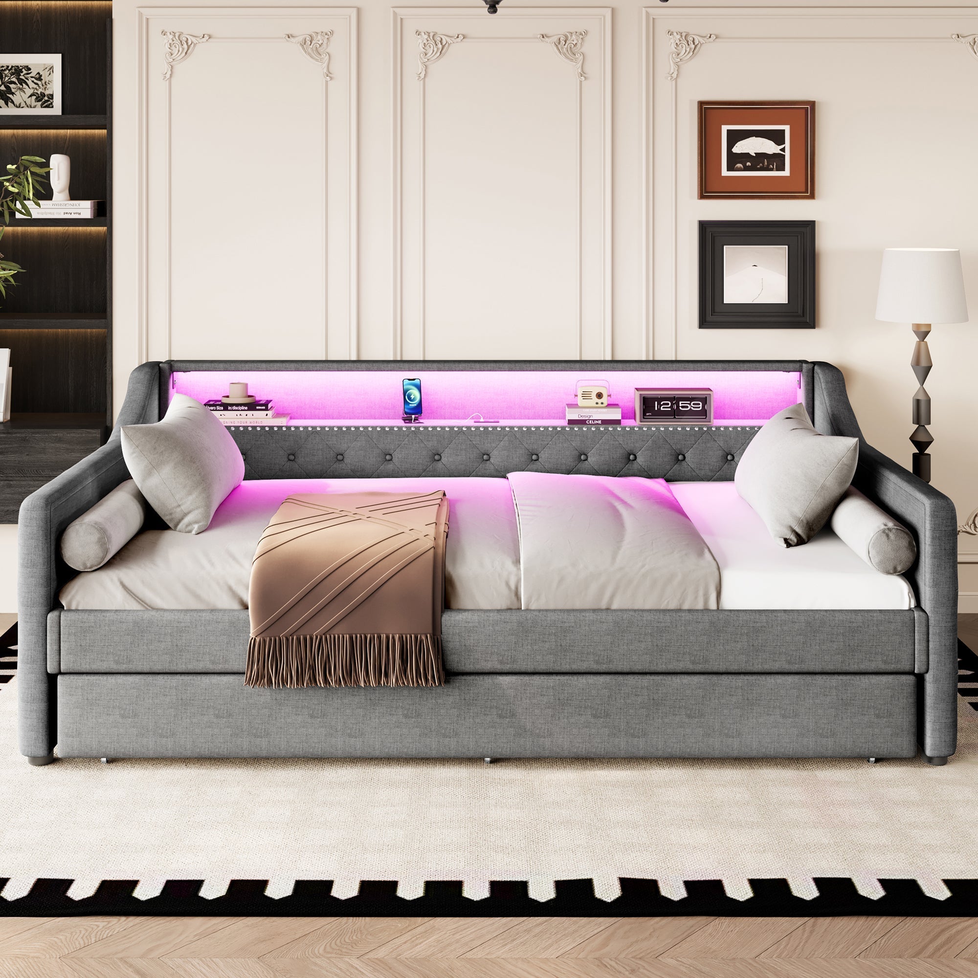 Daybed Sofa Bed 90x200cm Pull-out Bed LED USB - Linen Grey