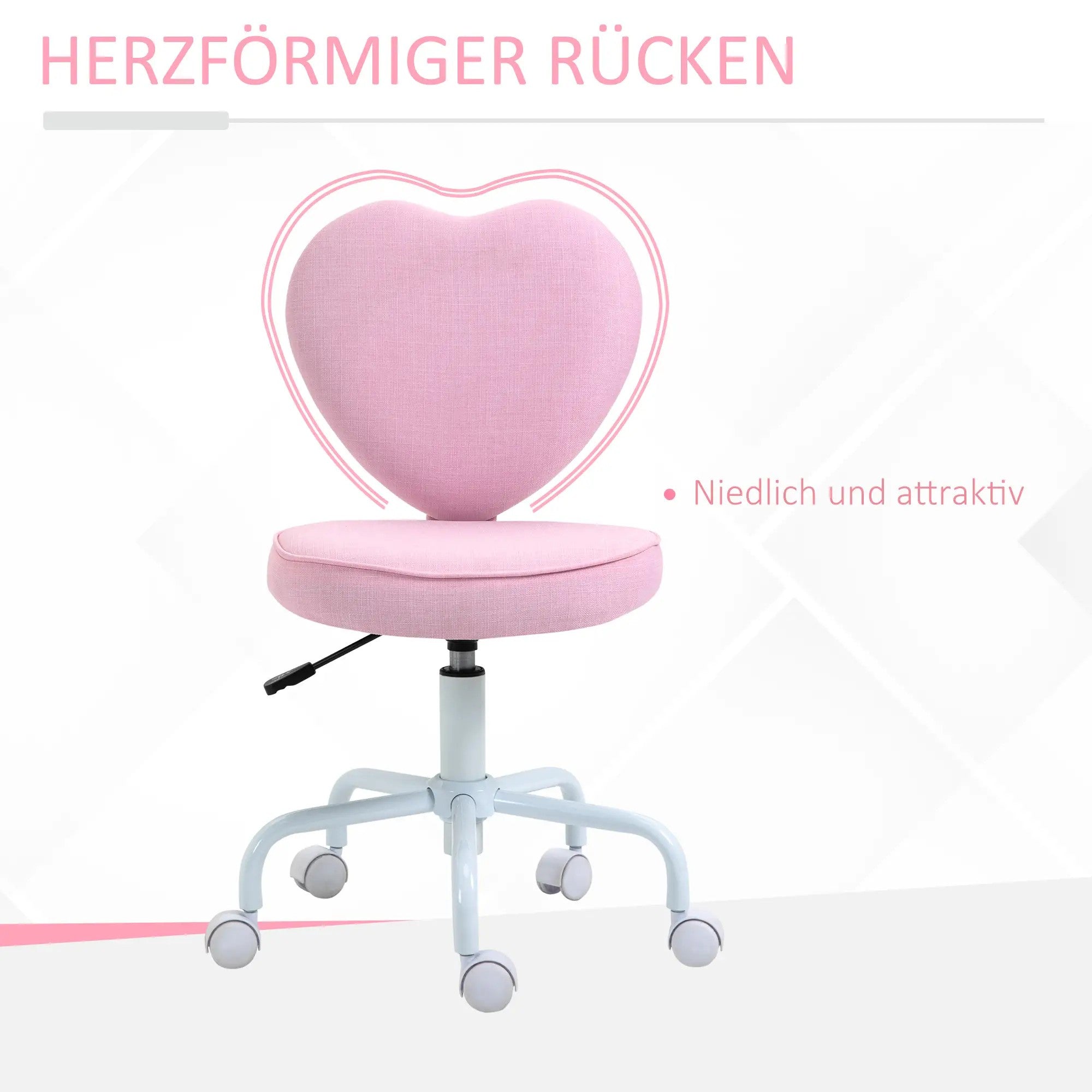 Swivel Chair Executive Computer Chair, Height Adjustable Heart-Shaped Upholstery, Pink Linen Fabric