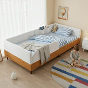Upholstered Single Bed with 2 Storage Pockets and Anti-Collision Edge, 90x200cm, White Velvet and Wood
