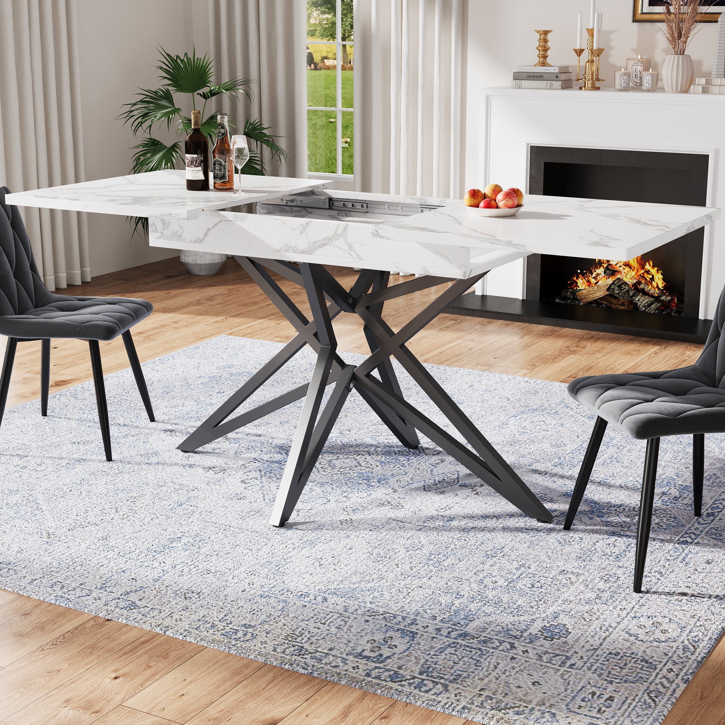 Extendable Dining Table 120(160)x80cm Star-Shaped Legs - Walnut/Marble Look Black