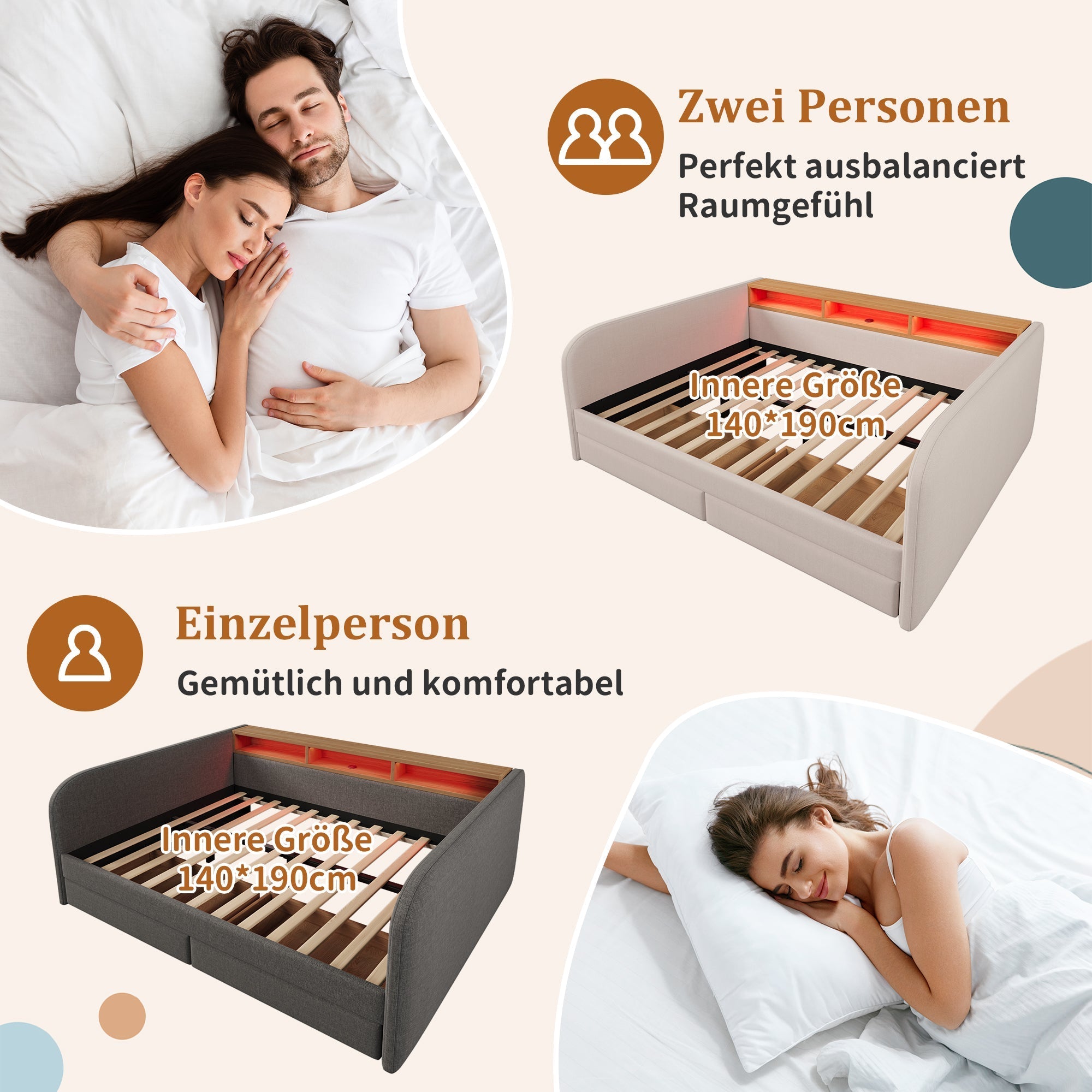Upholstered Daybed with LED, USB-C, 2 Drawers and Storage Headboard, 140x190cm, Light Beige Linen