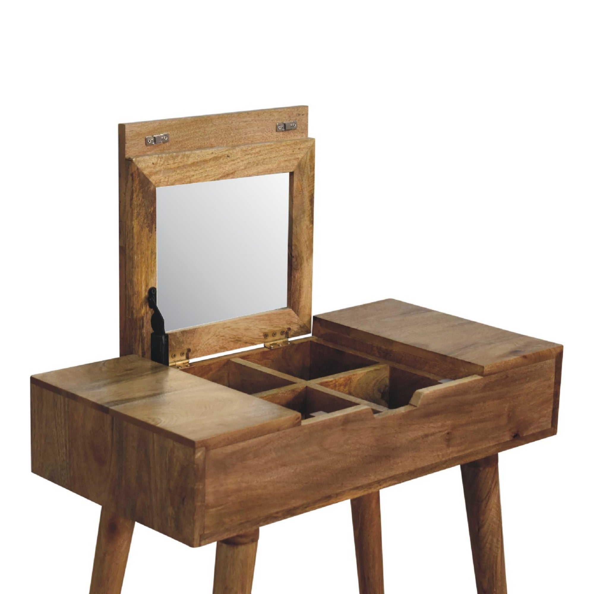 Dressing Table, Mini with 4 Storage Compartments and Mirror, Solid Wood Brown