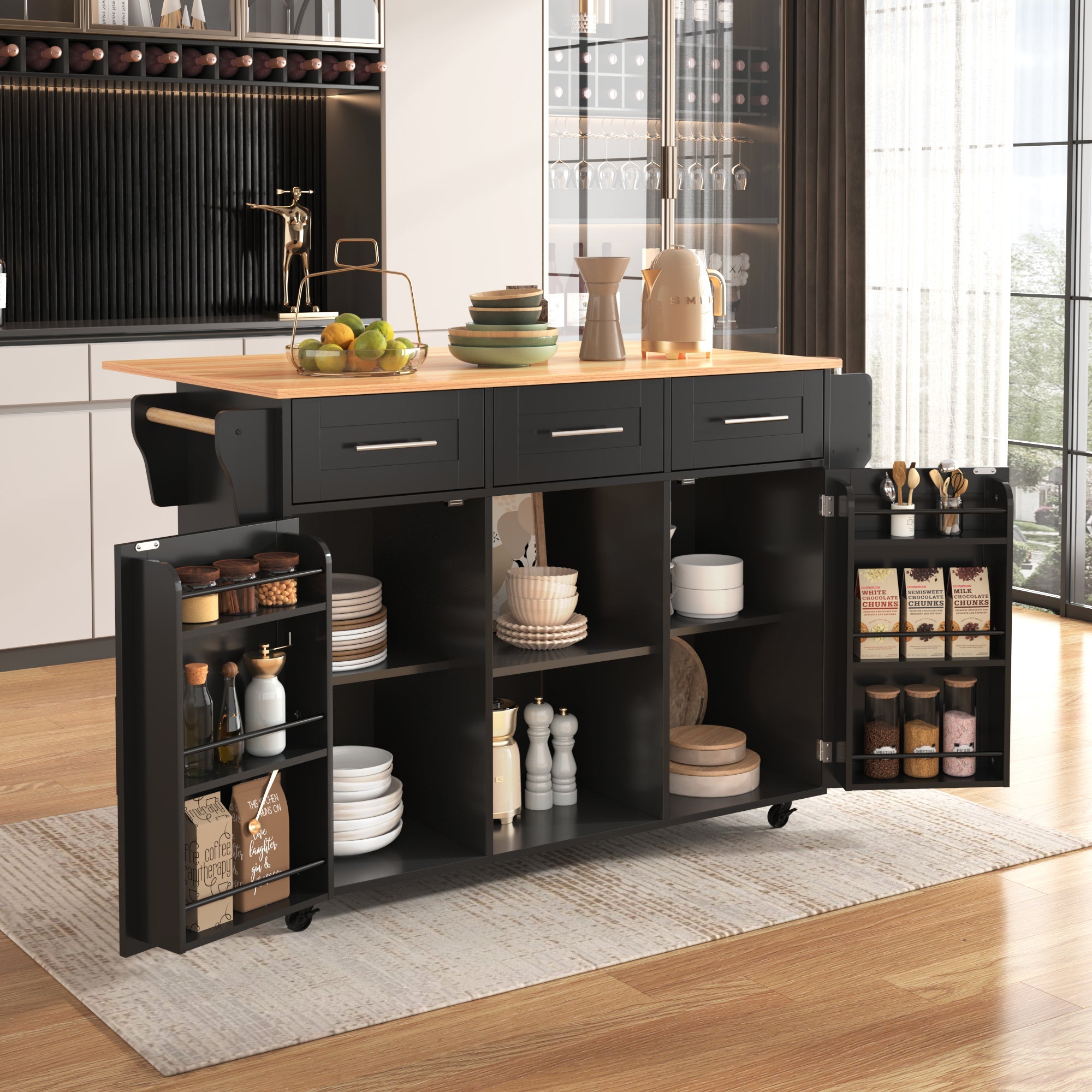 Dining Trolley/Sideboard with Fold-Down Worktop and Storage Casters, Black Solid Wood Grain