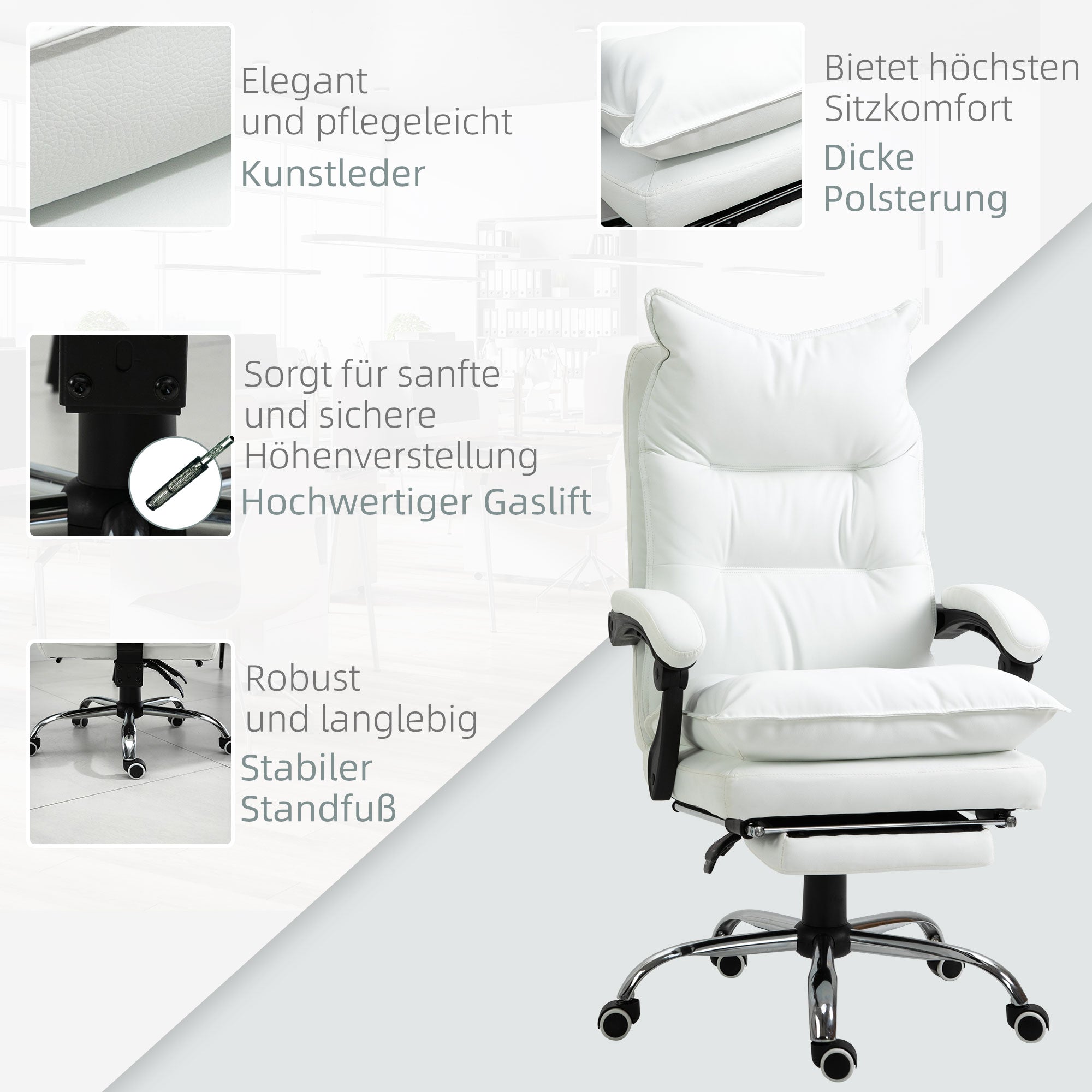 Vinsetto Office Chair Reclining, Footrest, Swivel, White